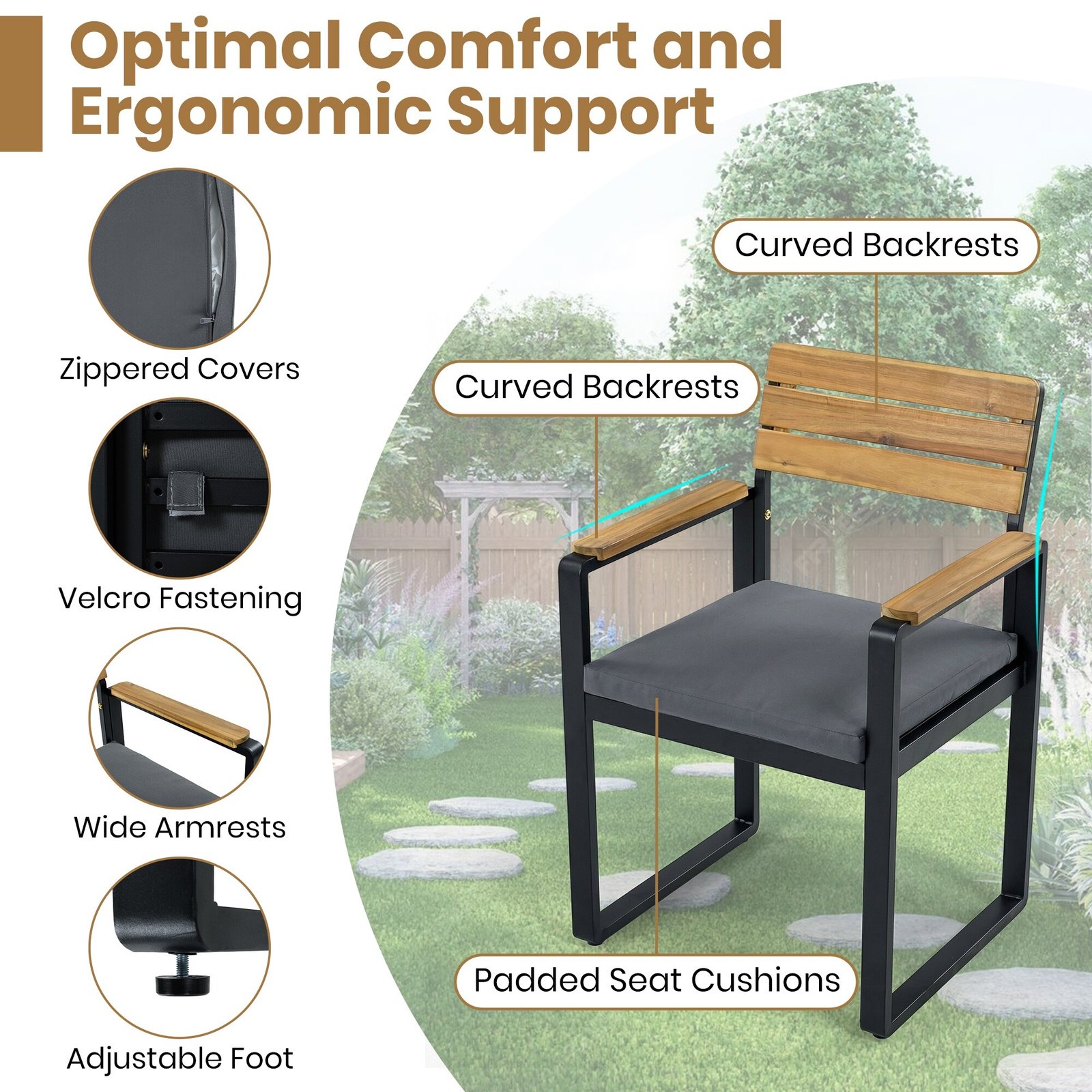 Acacia Wood & Steel Patio Dining Set with Cushioned Chairs & Bench by Leisure Zone - Image 17