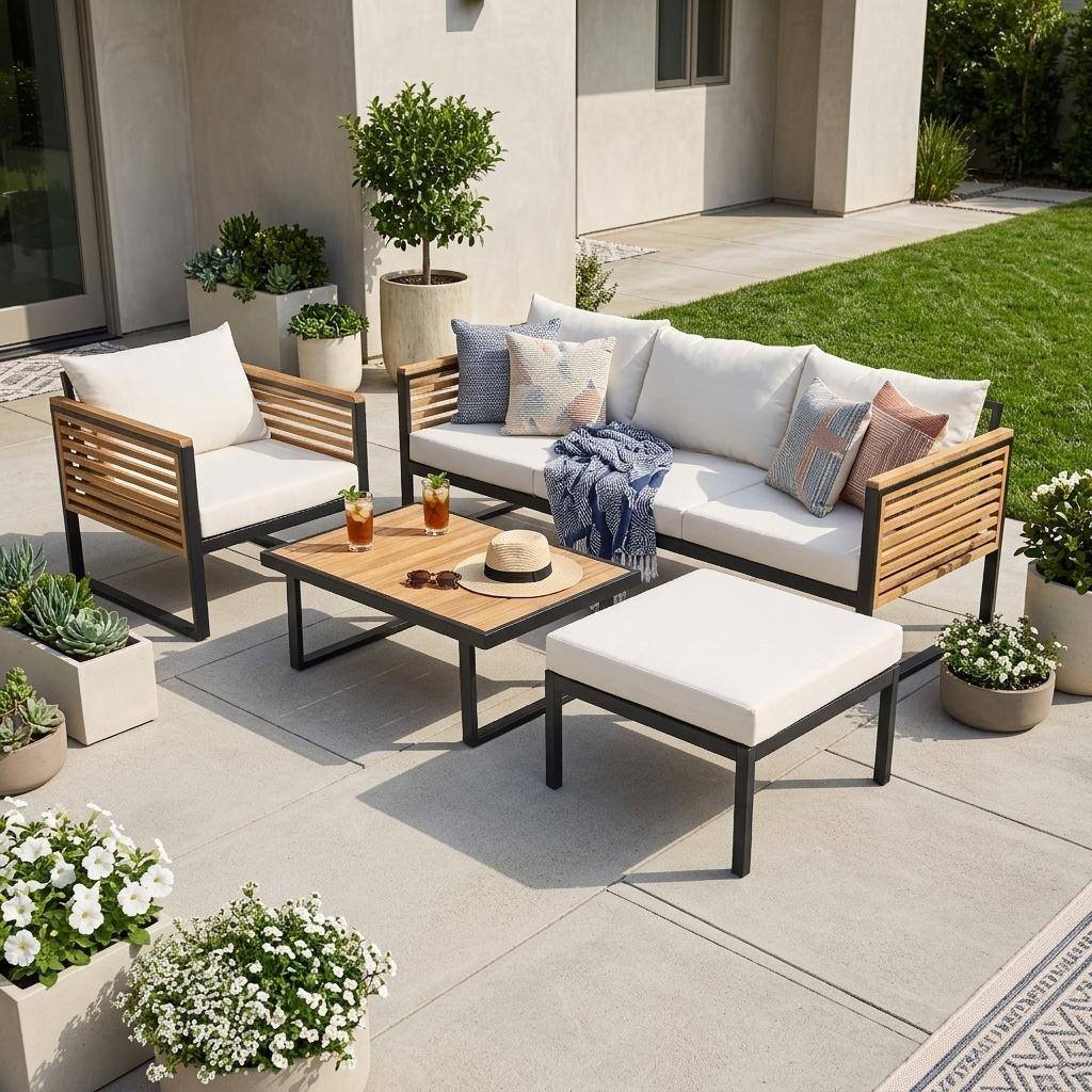 Acacia Wood & Metal Outdoor Sofa Set with High Back Cushions, Ottoman & Coffee Table by Leisure Zone - Image 19