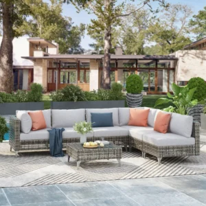 7-Piece Wicker Patio Furniture Set with Glass Top Coffee Table by Leisure Zone