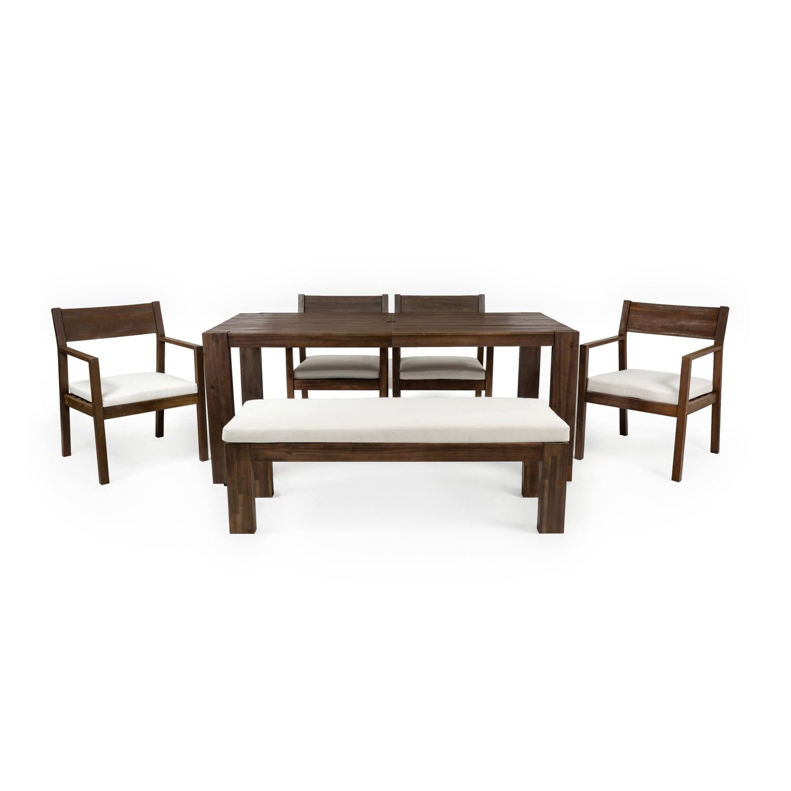 6-Person Patio Dining Set with Umbrella-Ready Table, Cushioned Bench & Four Armchairs by Leisure Zone - Image 16