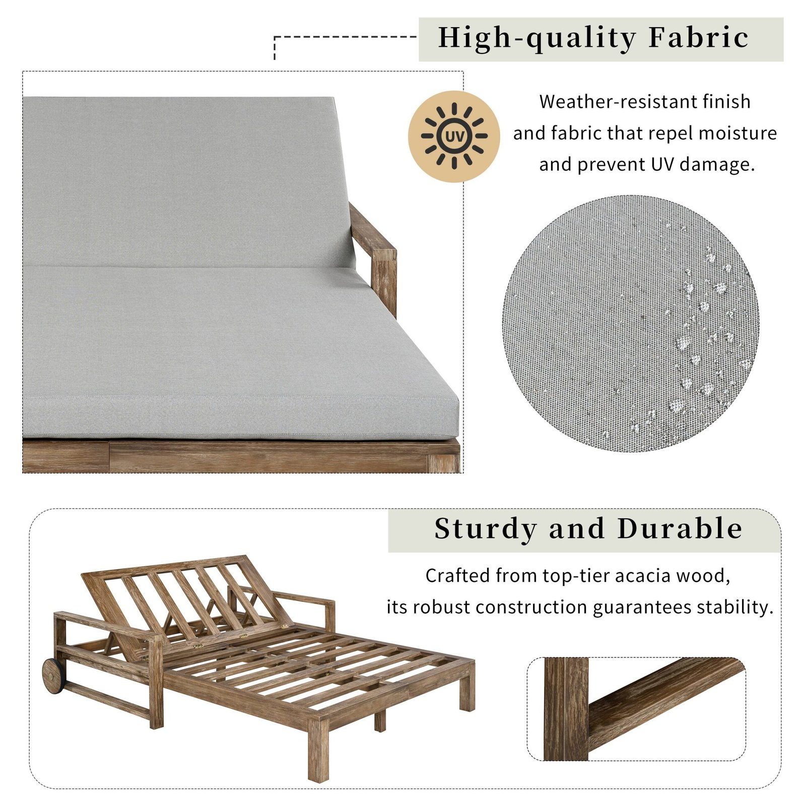 Farmhouse Acacia Wood Double Outdoor Sunbed with Adjustable Backrest by Leisure Zone - Image 22