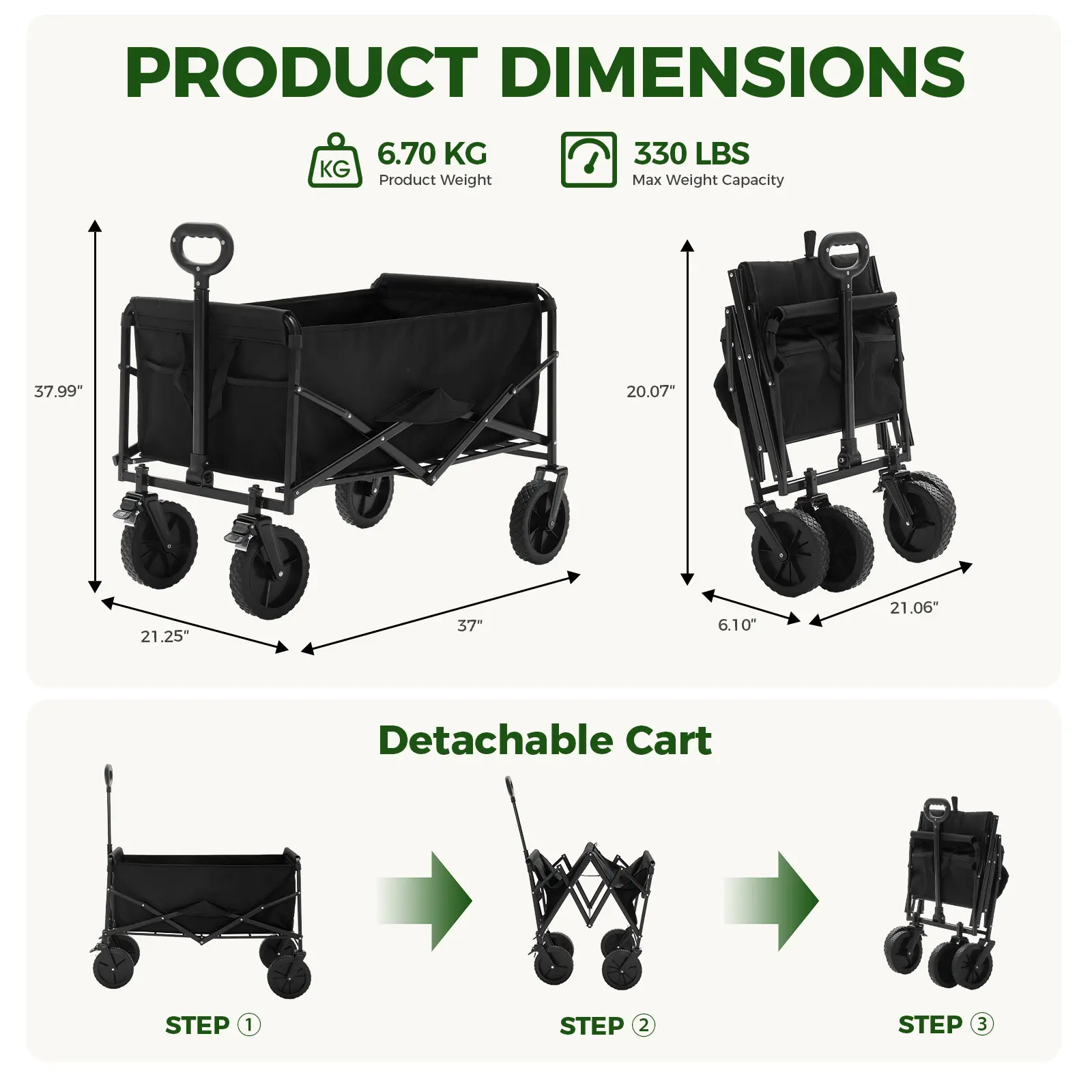 Sweetcrispy Collapsible Folding Wagon Push Cart - Oxford Cloth Quick-Fold Utility Trolley, 102L Large Capacity, 330 lbs Load Capacity, Wheels, Adjustable Handle, for Outdoor Camping, Beach Outings - Image 7