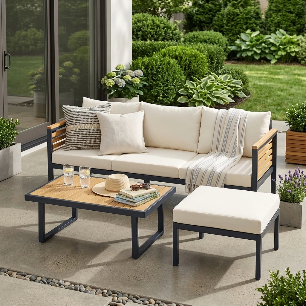 Acacia Wood & Metal Outdoor Sofa Set with High Back Cushions, Ottoman & Coffee Table by Leisure Zone - Image 15