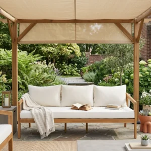 3-Seater Acacia Outdoor Patio Sofa with Thick Cushions by Leisure Zone