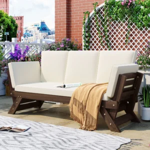 3-Person Outdoor Adjustable Patio Wooden Daybed Sofa Chaise Lounge with Cushions by Leisure Zone
