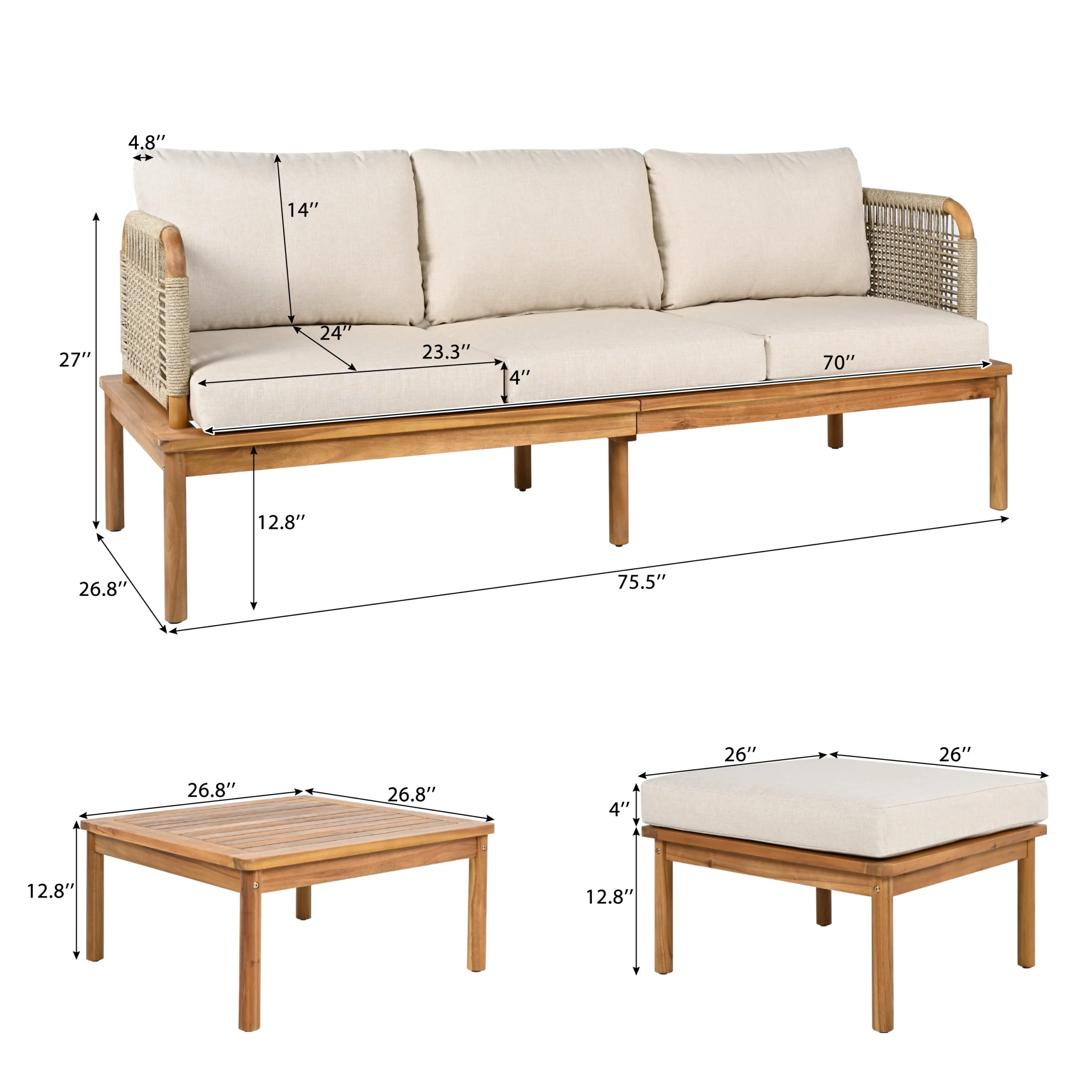 Acacia Wood Patio Sofa Set with Handwoven Rope Arms by Leisure Zone - Image 24