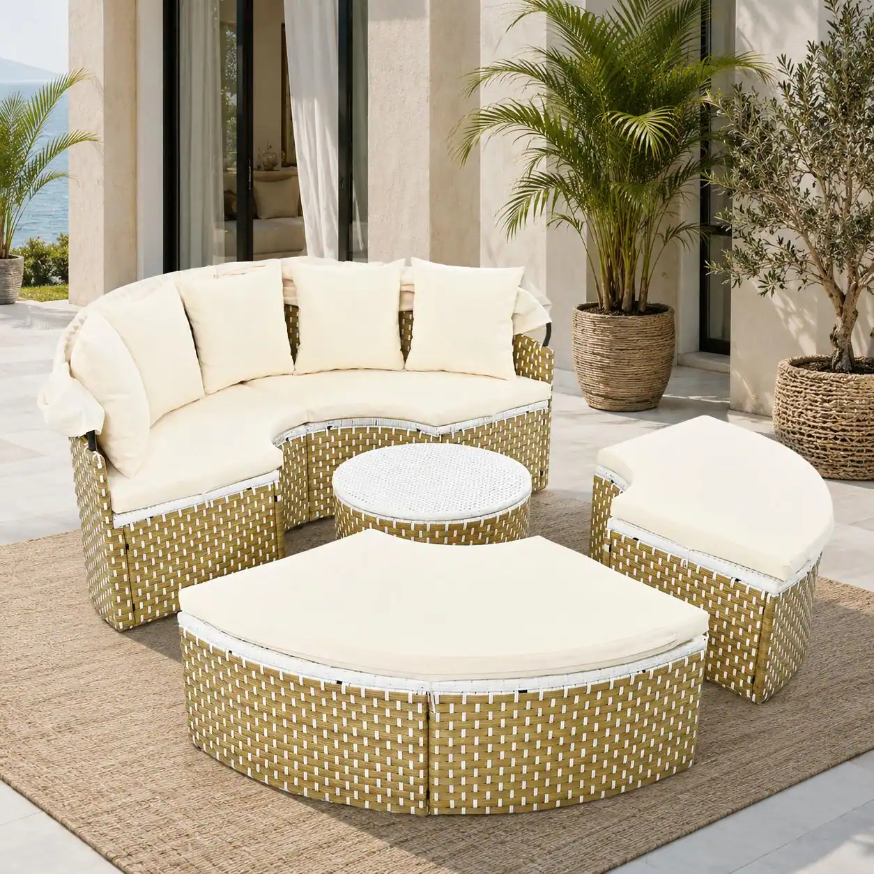 Patio Furniture Round Outdoor Sectional Sofa Set with Retractable Canopy by Leisure Zone