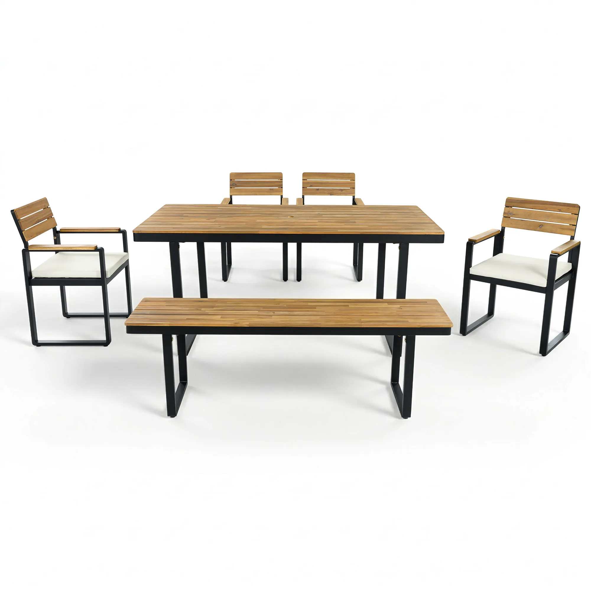 Acacia Wood & Steel Patio Dining Set with Cushioned Chairs & Bench by Leisure Zone - Image 7