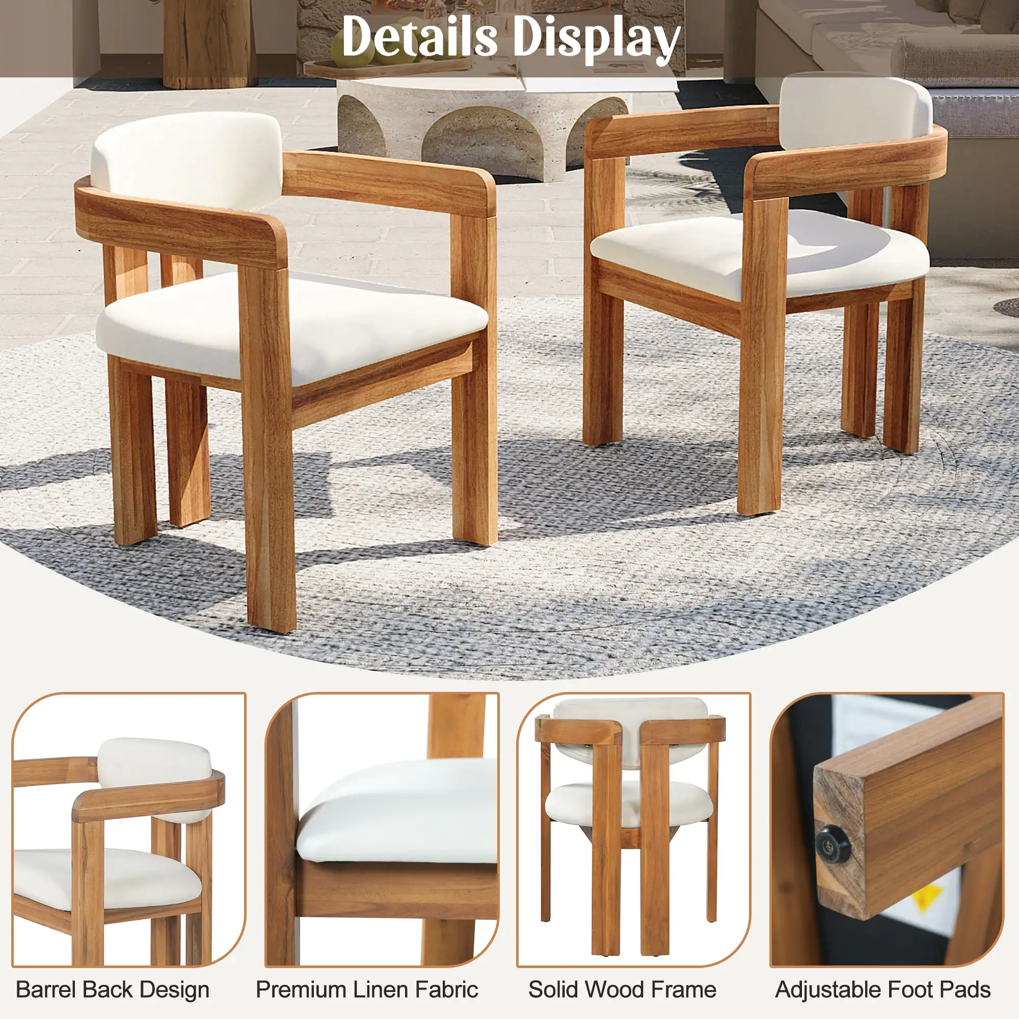 Set of 2 Outdoor Acacia Barrel Dining Chairs with Cushioned Wraparound Back by Leisure Zone - Image 10