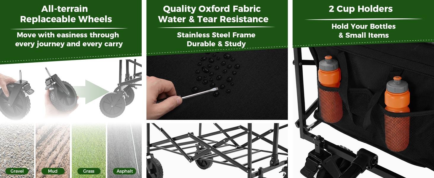 Sweetcrispy Collapsible Folding Wagon Push Cart - Oxford Cloth Quick-Fold Utility Trolley, 102L Large Capacity, 330 lbs Load Capacity, Wheels, Adjustable Handle, for Outdoor Camping, Beach Outings - Image 15