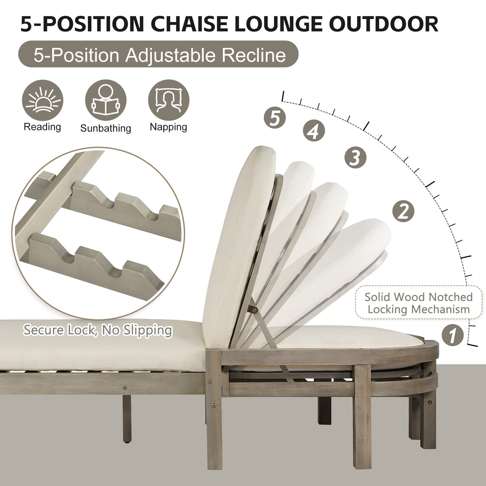5-Position Adjustable Outdoor Chaise Lounge with Arched Backrest by Leisure Zone - Image 18