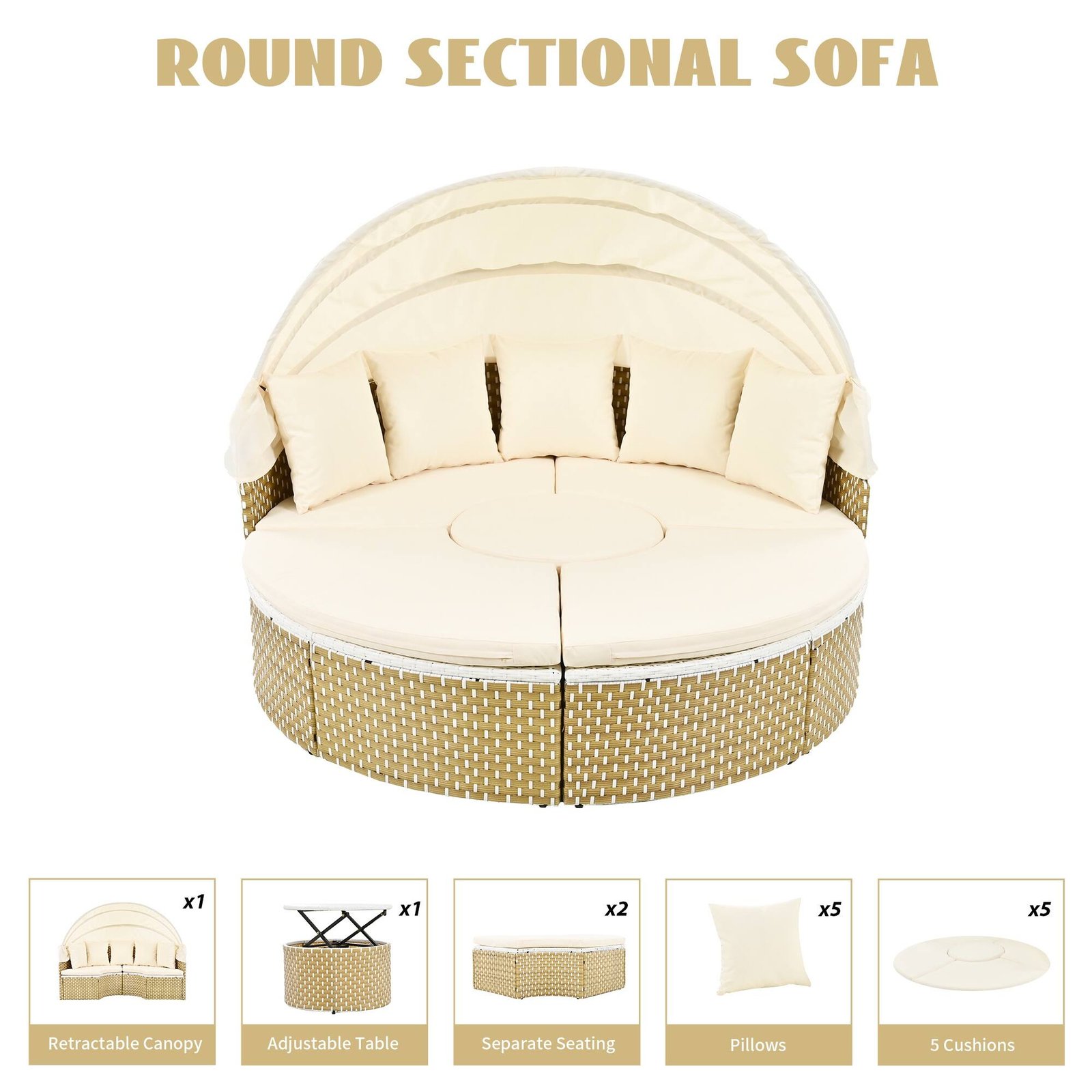 Patio Furniture Round Outdoor Sectional Sofa Set with Retractable Canopy by Leisure Zone - Image 13