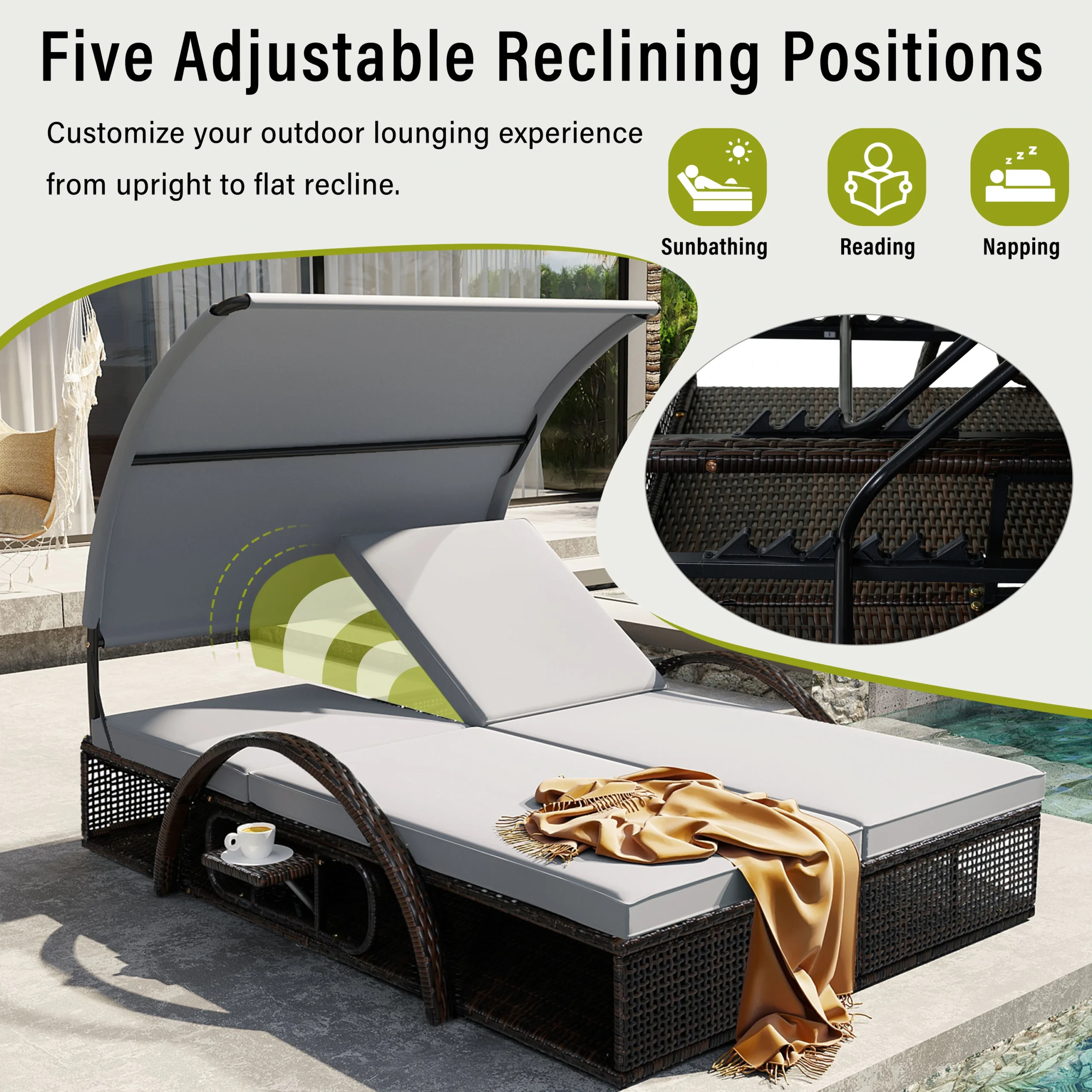 Double Outdoor Sun Lounger with Adjustable Backrest & Hidden Side Table by Leisure Zone - Image 32