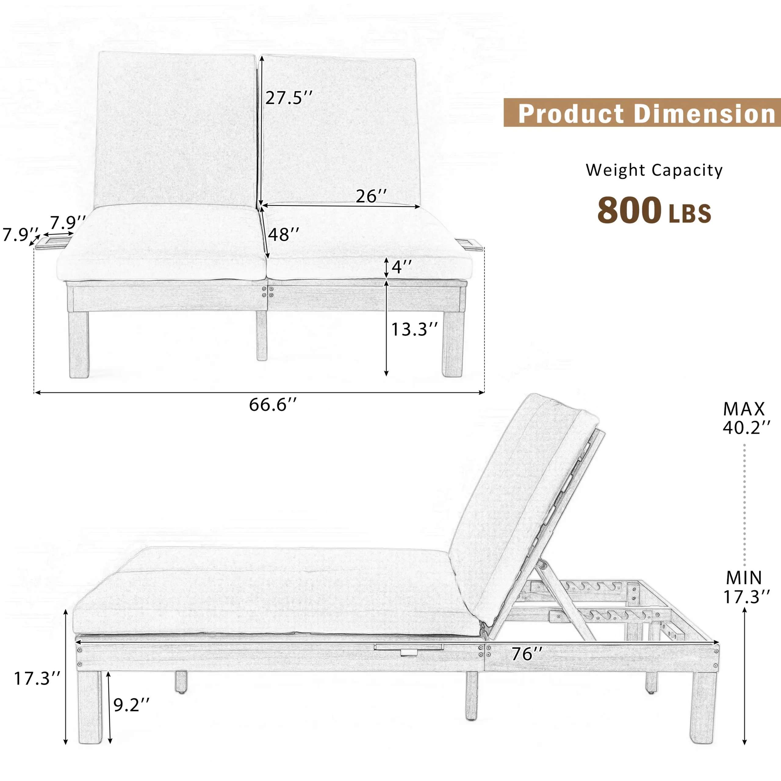 Elegant 5-Position Adjustable Double Chaise Lounge with Side Table by Leisure Zone - Image 11