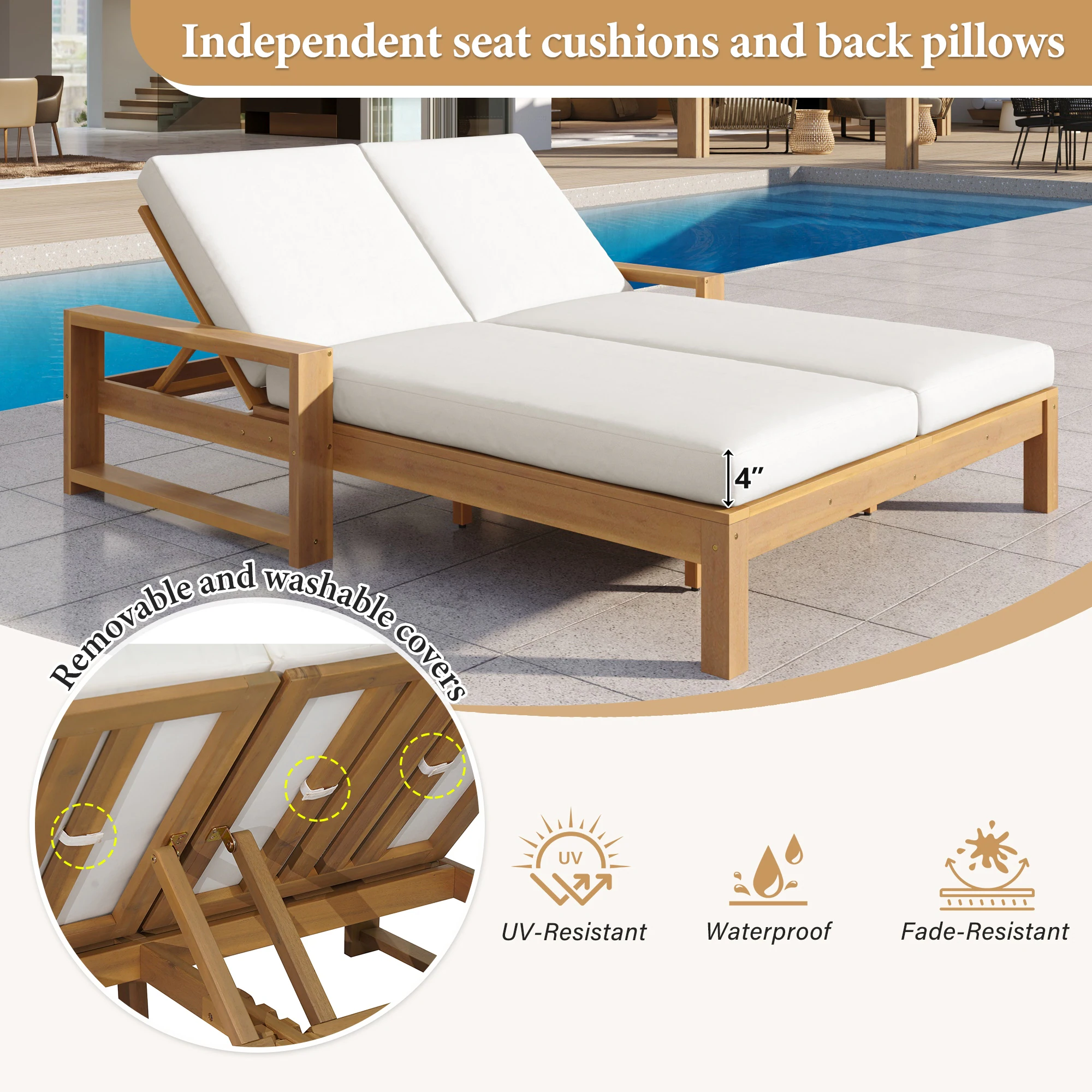 Outdoor Double Chaise Lounge Chair with Dual 5-Position Backrests by Leisure Zone - Image 11