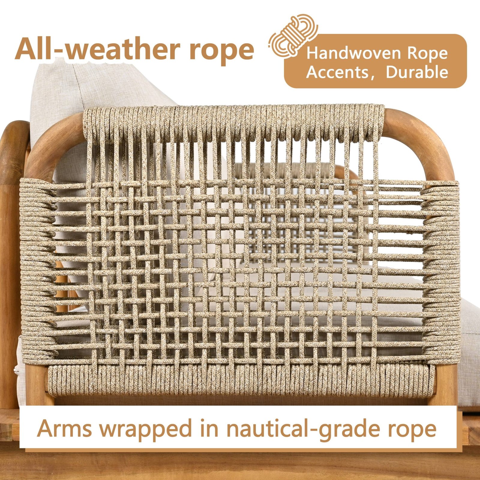 Acacia Wood Patio Sofa Set with Handwoven Rope Arms by Leisure Zone - Image 13
