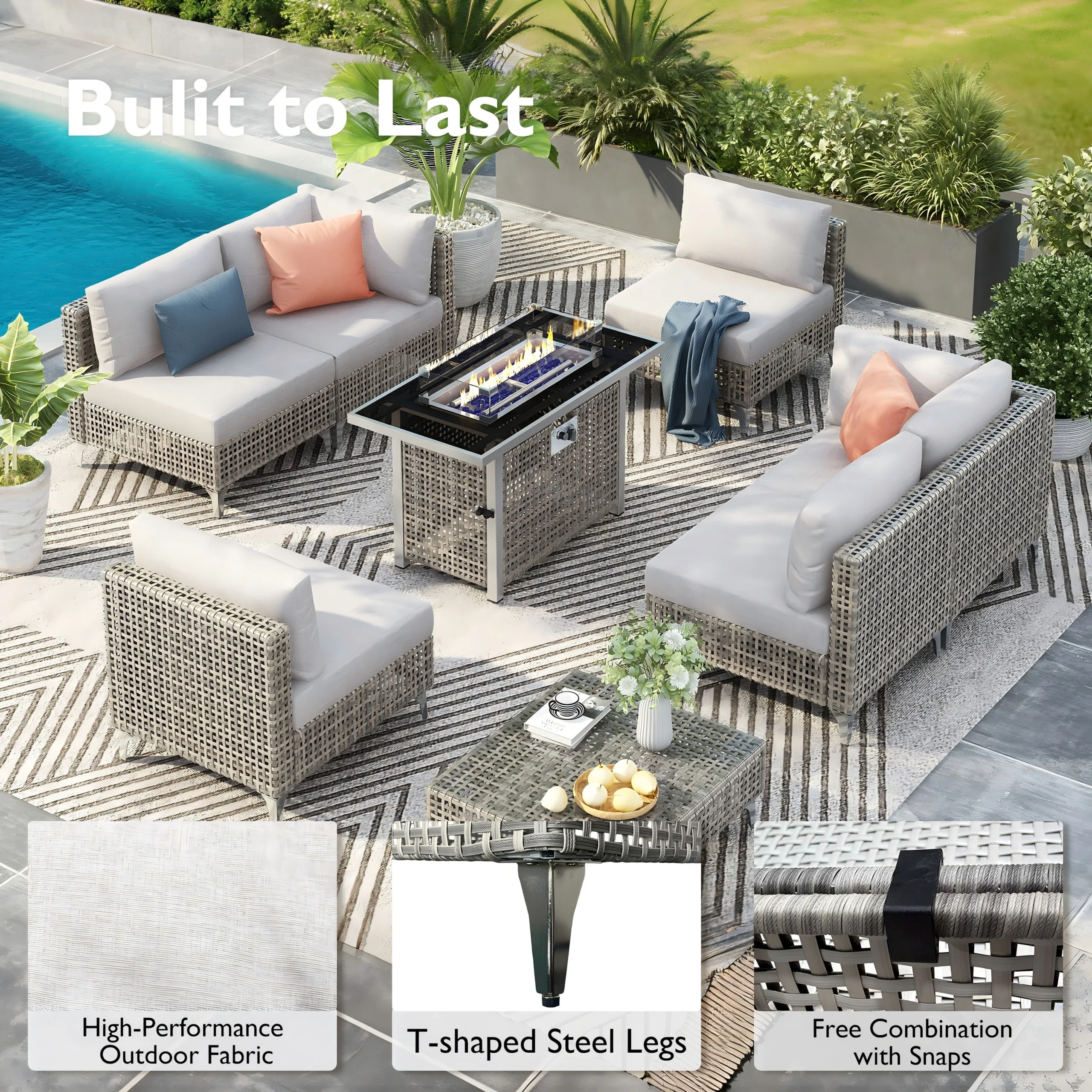8-Piece Outdoor Patio Furniture Set with 60,000 BTU Propane Fire Pit Table by Leisure Zone - Image 7