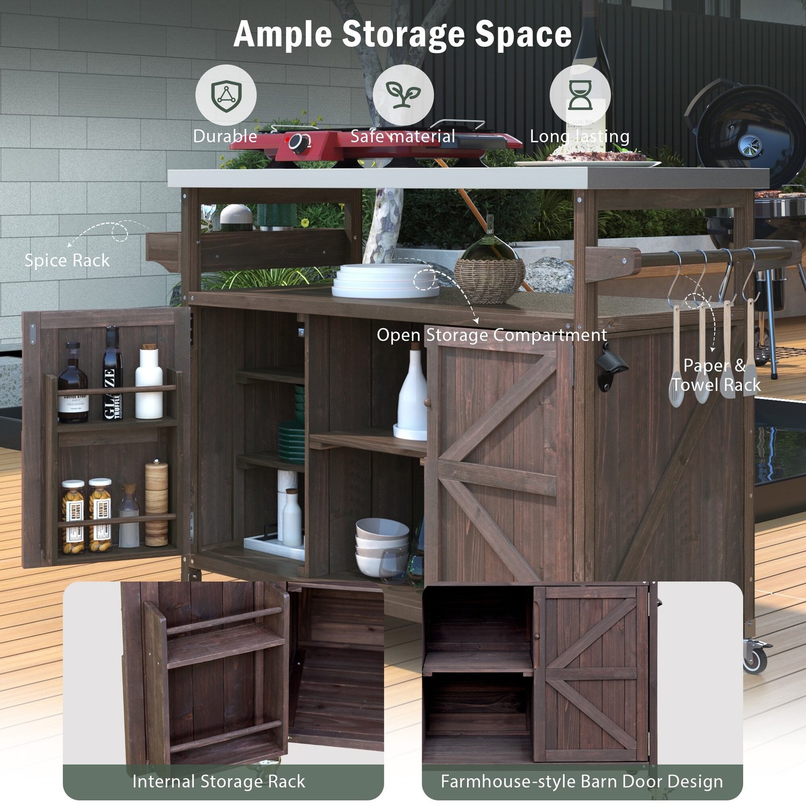 Farmhouse Solid Wood Outdoor Kitchen Island with Rolling Bar Cart & Storage Cabinet by Leisure Zone - Image 28