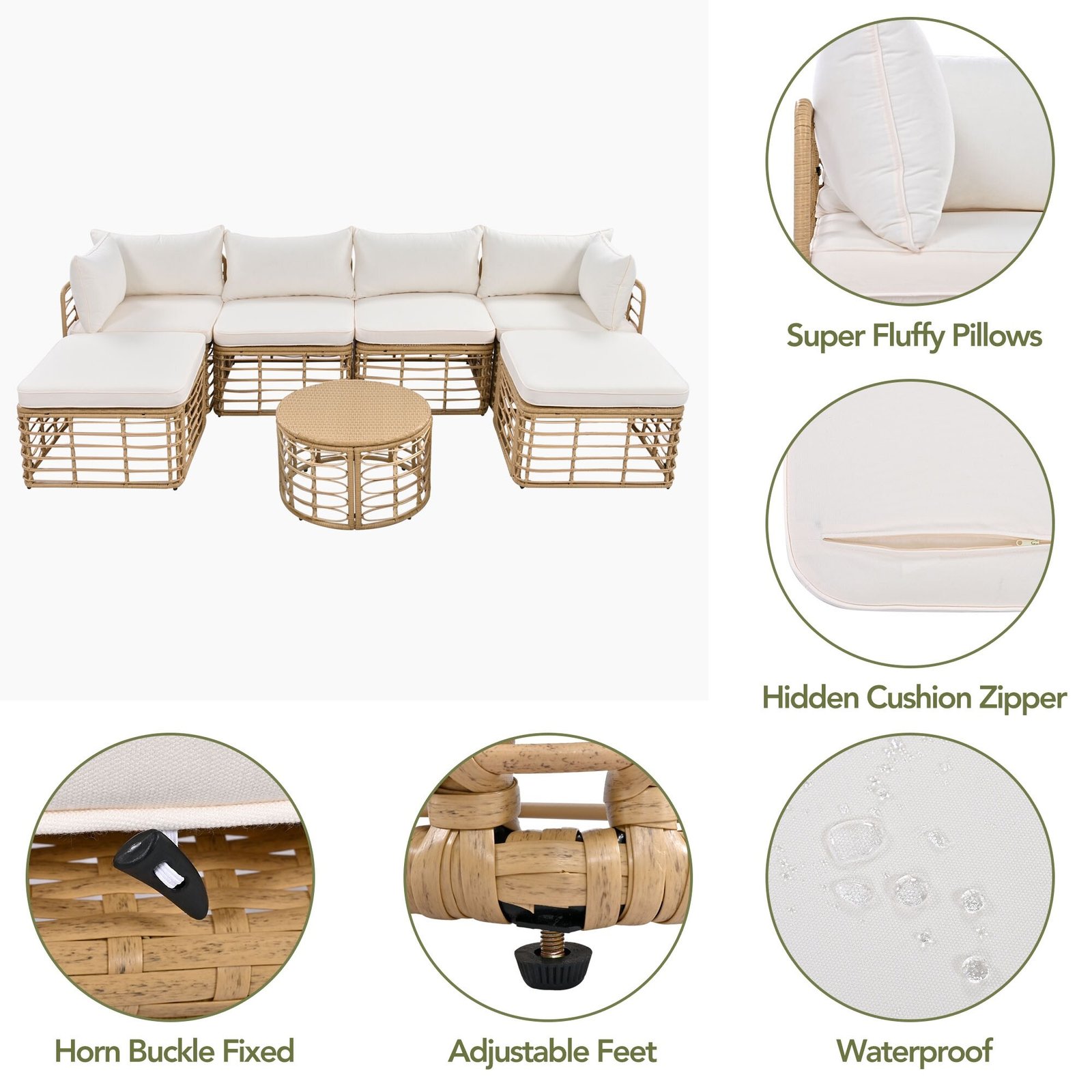 7-Piece Modular All-Weather Rattan Sectional Set with Round Woven Coffee Table by Leisure Zone - Image 9