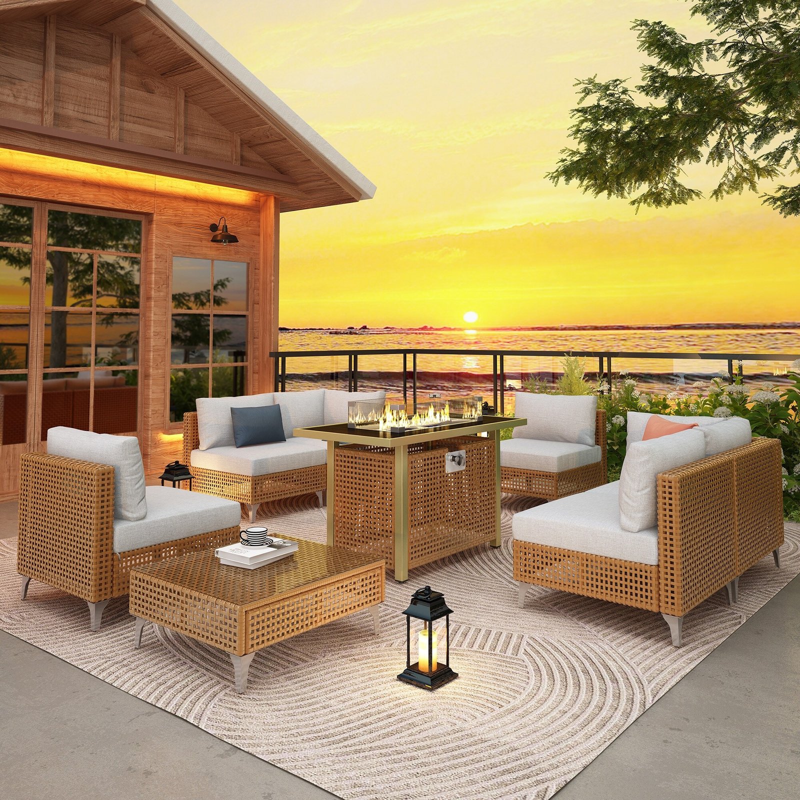 8-Piece Outdoor Patio Furniture Set with 60,000 BTU Propane Fire Pit Table by Leisure Zone - Image 17