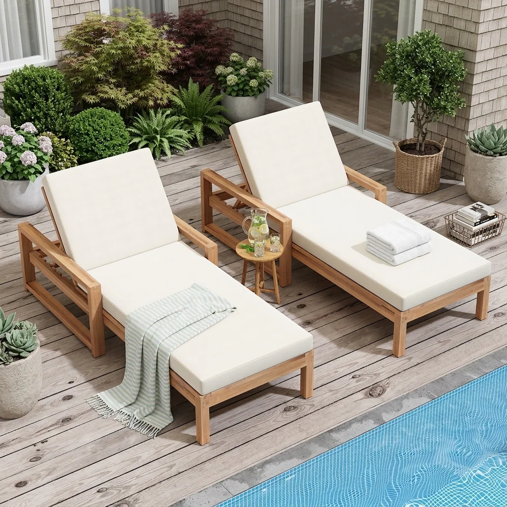Acacia Wood 5-Position Outdoor Chaise Lounge Chairs Set of 2 by Leisure Zone - Image 3