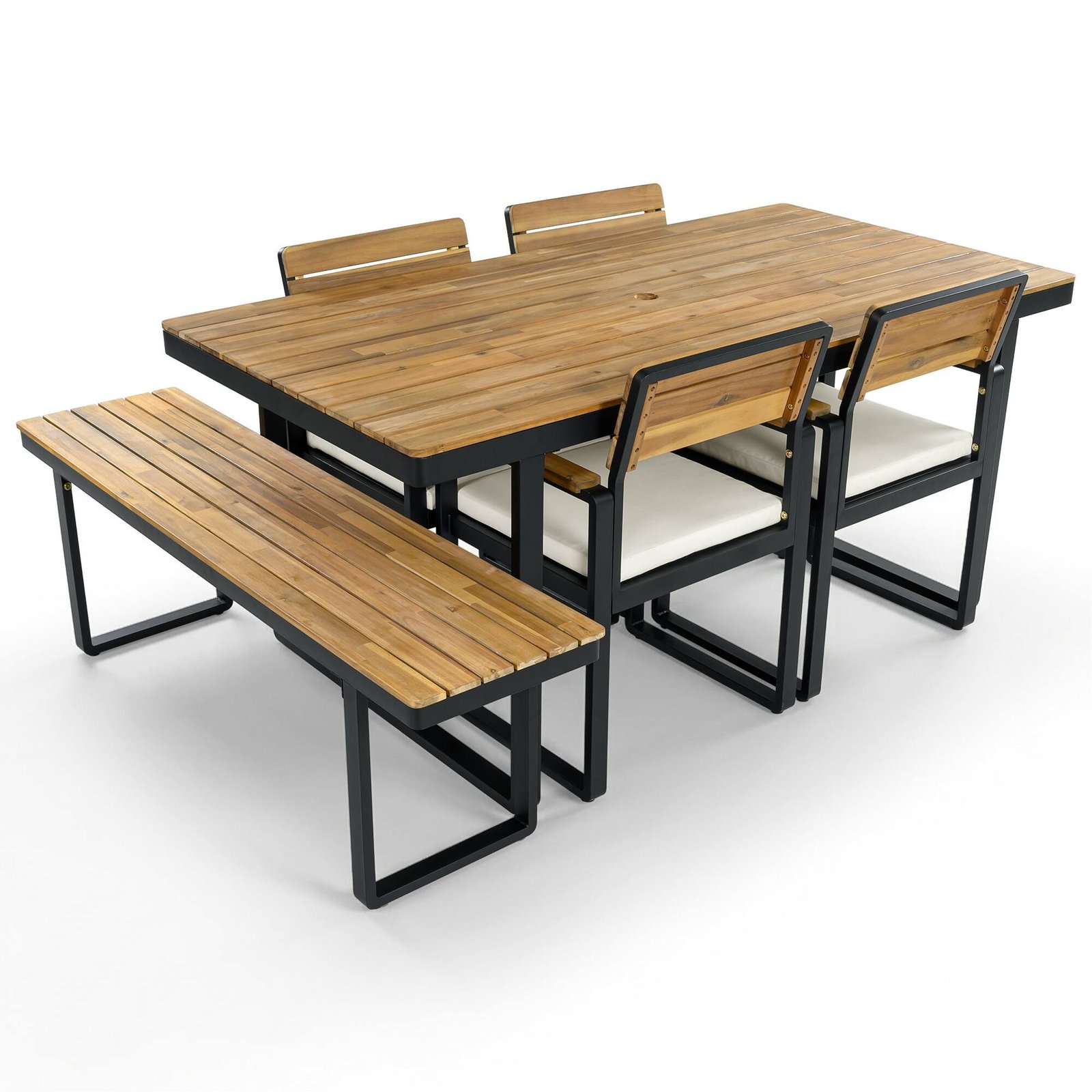 Acacia Wood & Steel Patio Dining Set with Cushioned Chairs & Bench by Leisure Zone - Image 6