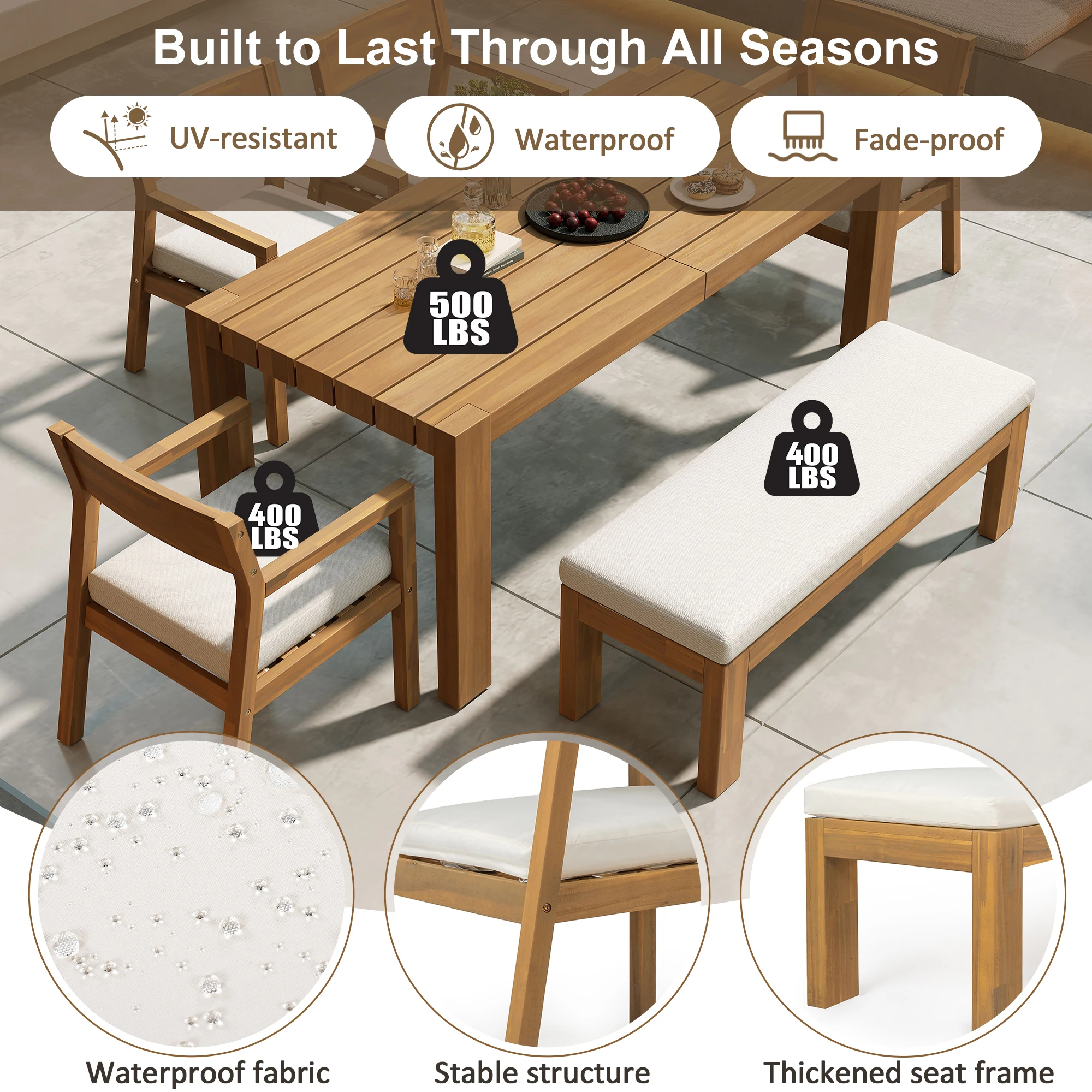 6-Person Patio Dining Set with Umbrella-Ready Table, Cushioned Bench & Four Armchairs by Leisure Zone - Image 8