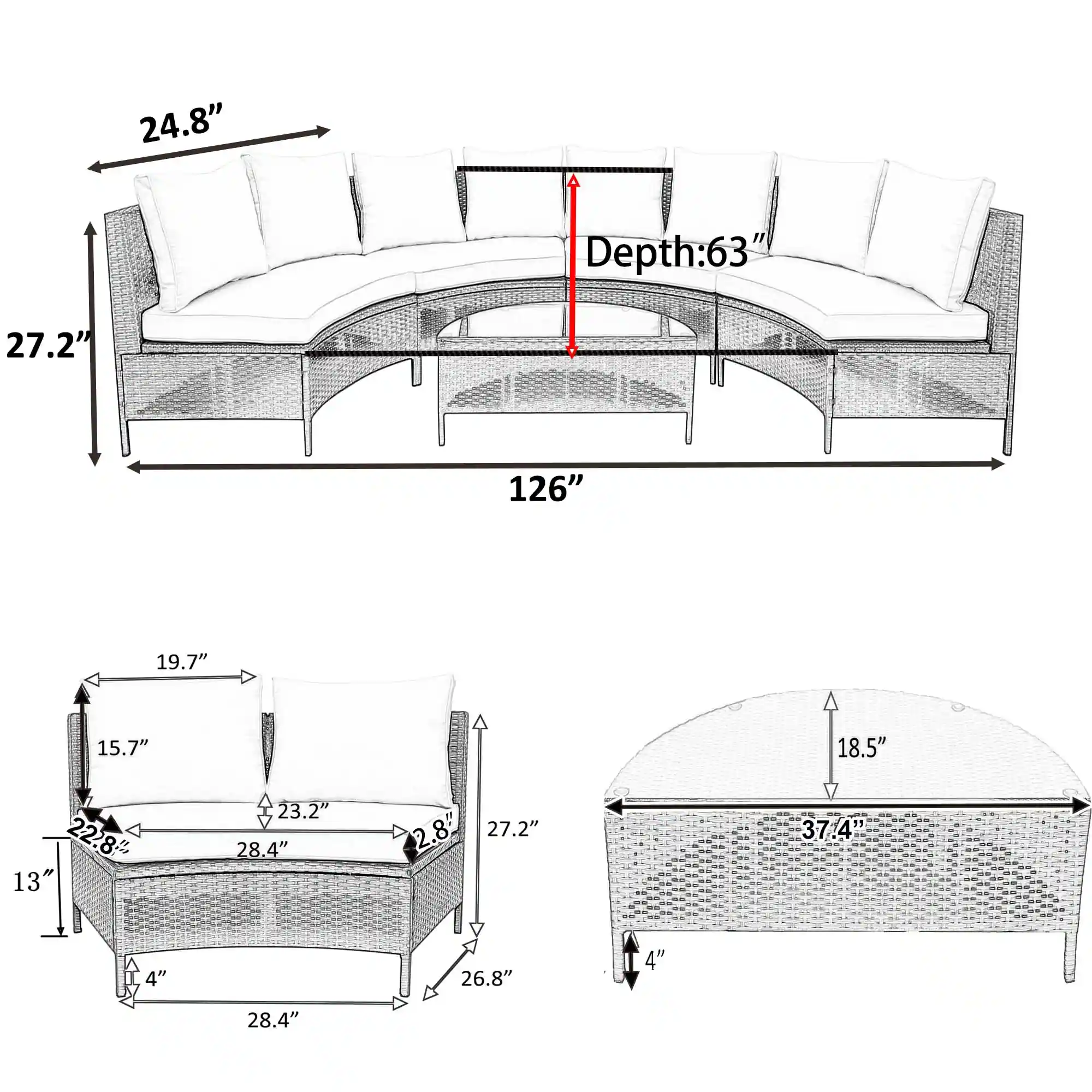 Half-Moon Design All-Weather Brown PE Rattan Wicker Sofa Set with Tempered Glass Table by Leisure Zone - Image 15