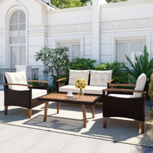 4-Piece PE Rattan Outdoor Sofa Set with Acacia Wood Table by Leisure Zone