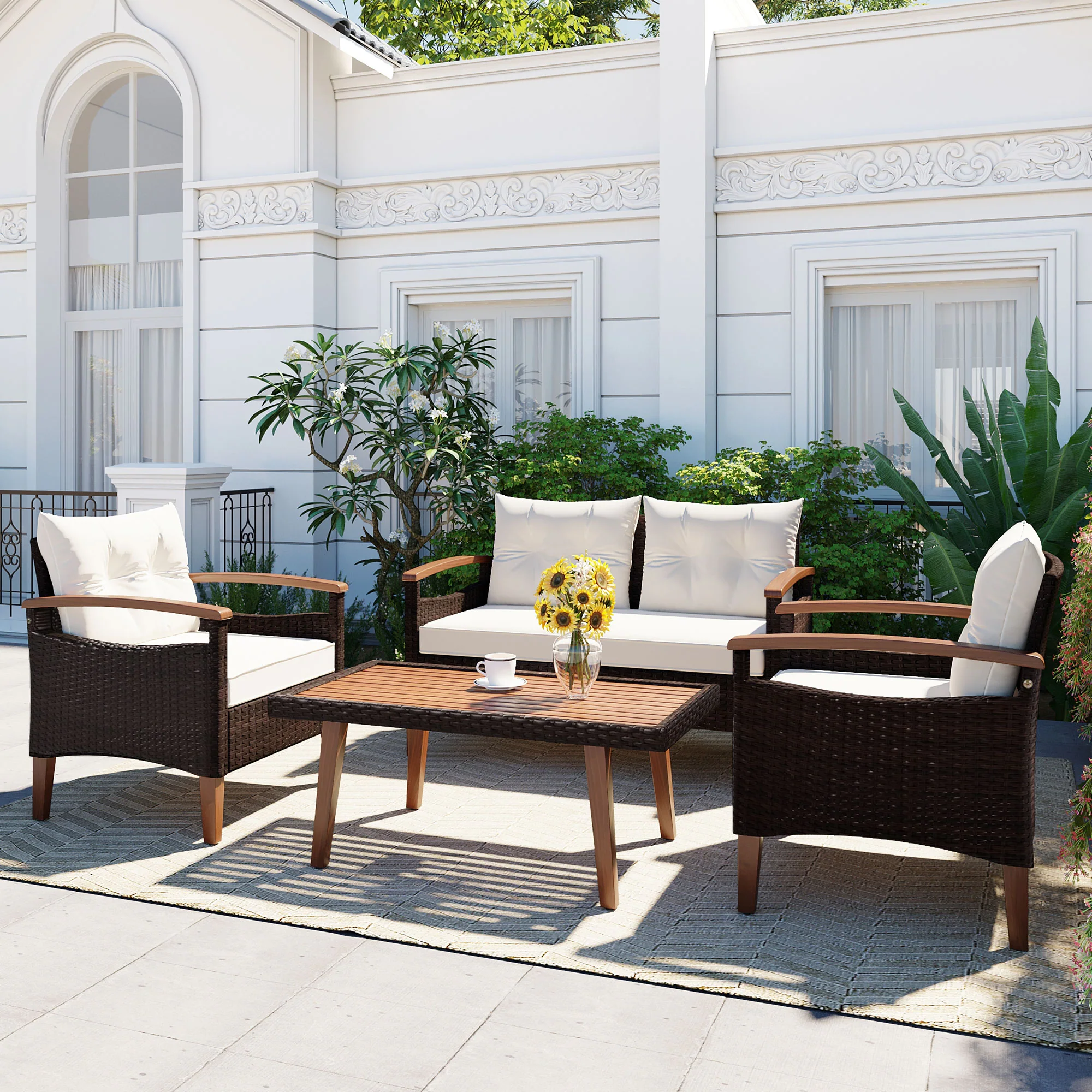 4-Piece PE Rattan Outdoor Sofa Set with Acacia Wood Table by Leisure Zone