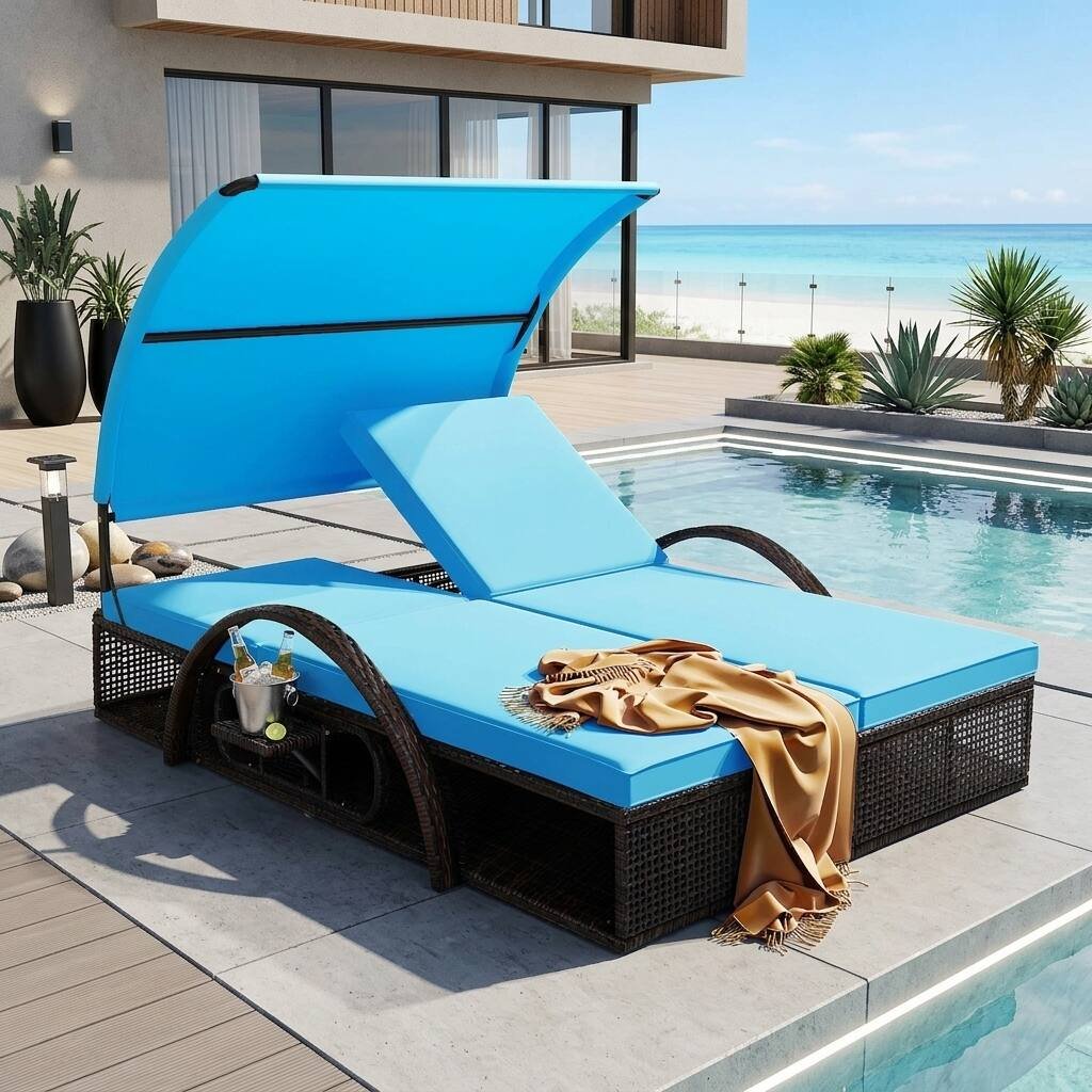 Double Outdoor Sun Lounger with Adjustable Backrest & Hidden Side Table by Leisure Zone - Image 2