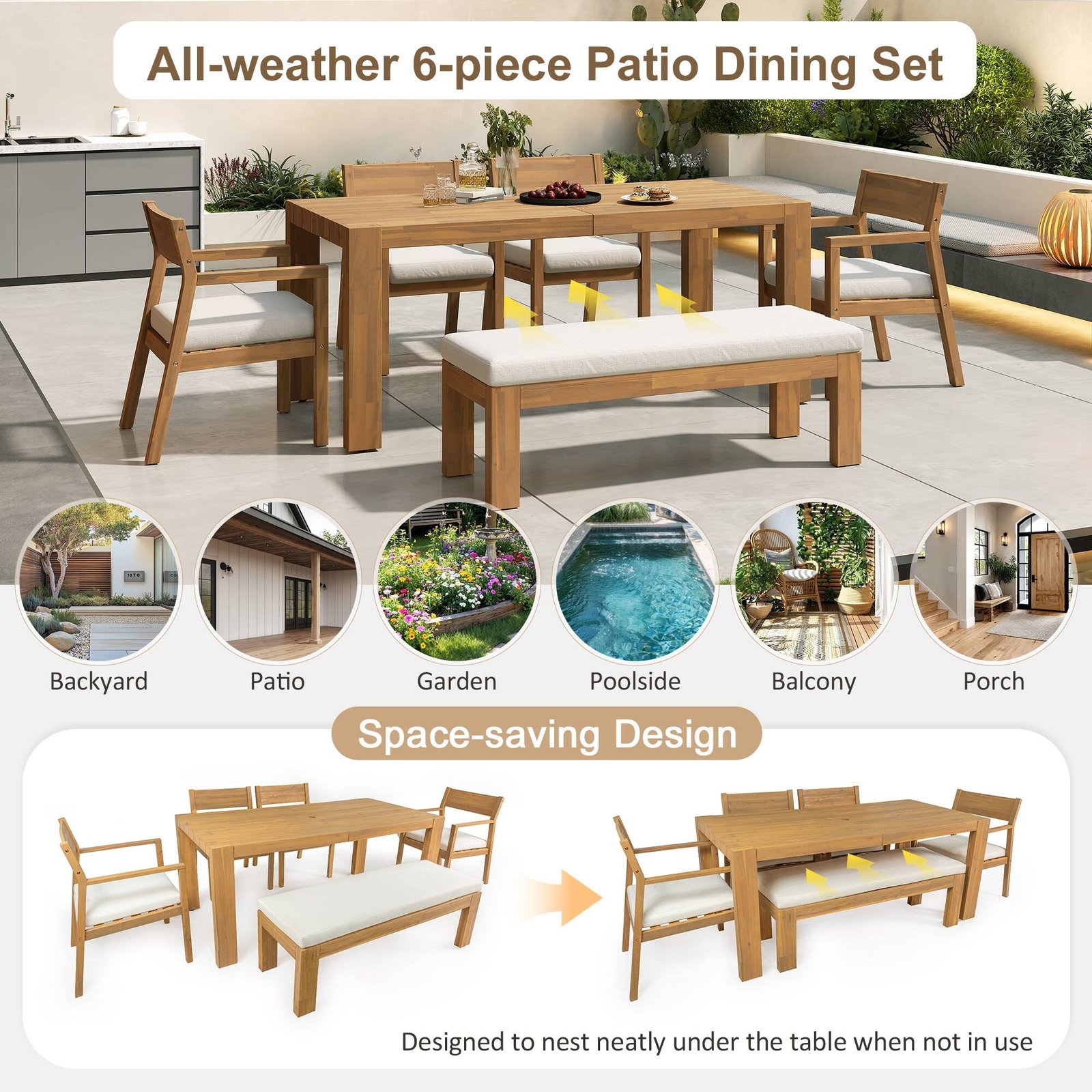 6-Person Patio Dining Set with Umbrella-Ready Table, Cushioned Bench & Four Armchairs by Leisure Zone - Image 10