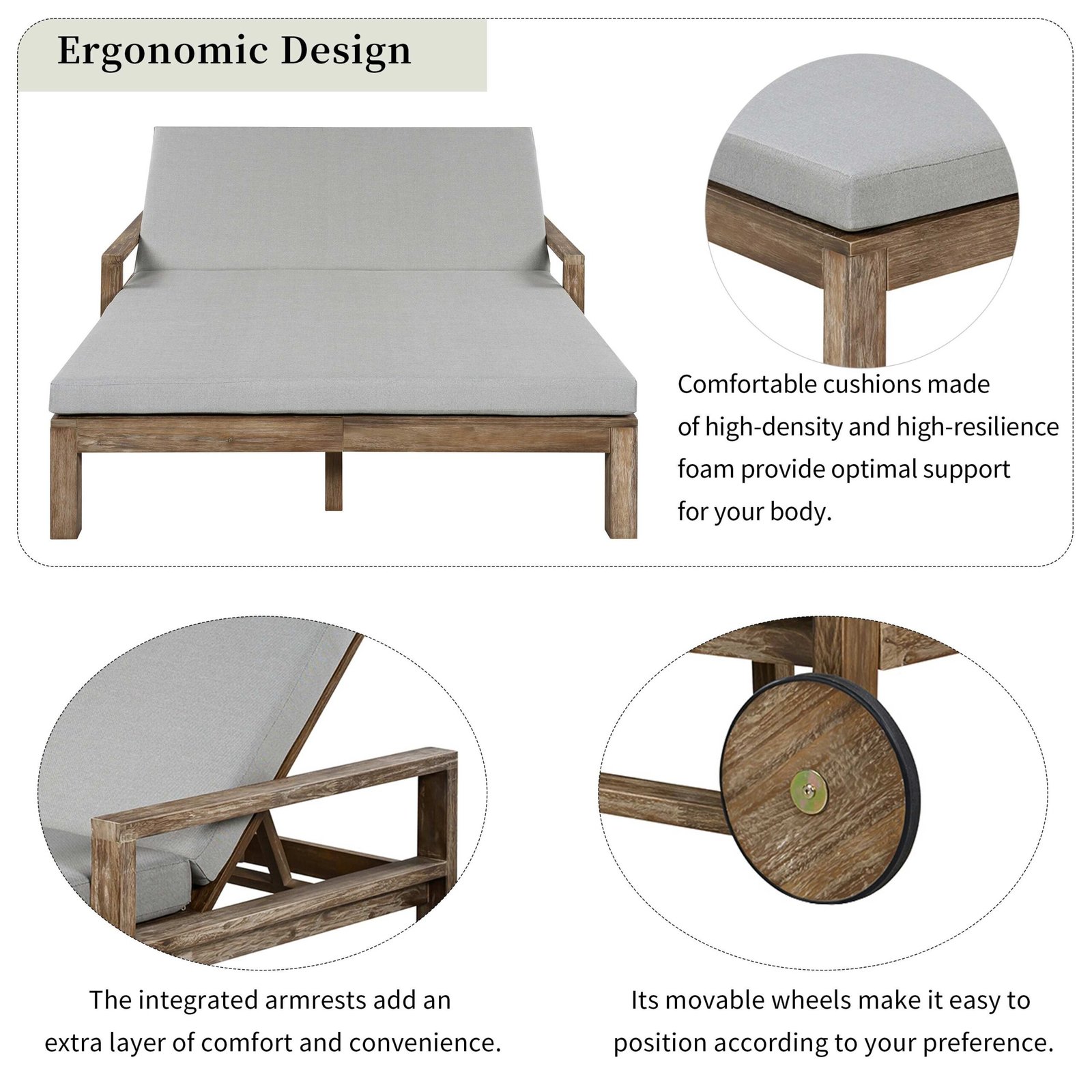 Farmhouse Acacia Wood Double Outdoor Sunbed with Adjustable Backrest by Leisure Zone - Image 21