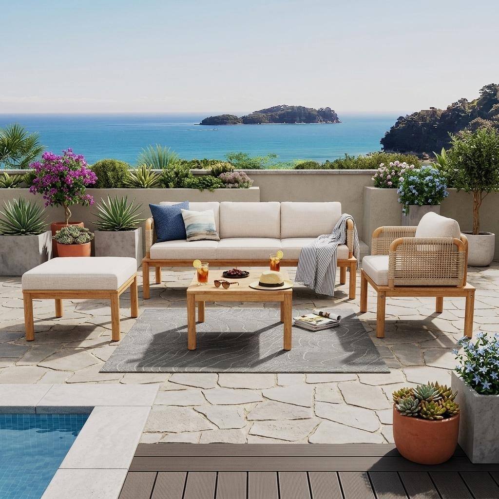 Acacia Wood Patio Sofa Set with Handwoven Rope Arms by Leisure Zone - Image 25