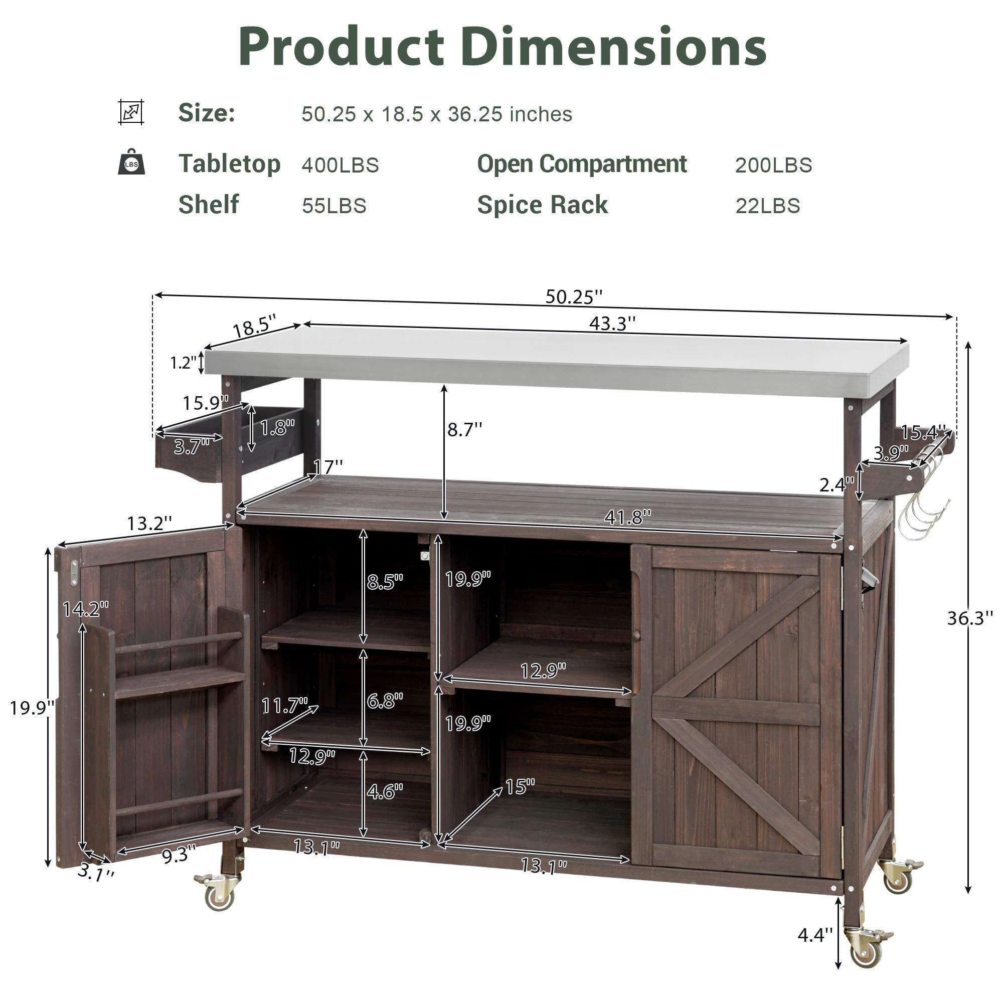 Farmhouse Solid Wood Outdoor Kitchen Island with Rolling Bar Cart & Storage Cabinet by Leisure Zone - Image 30