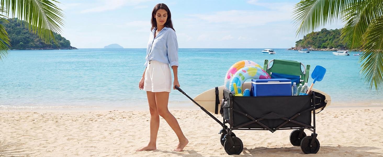Sweetcrispy Collapsible Folding Wagon Push Cart - Oxford Cloth Quick-Fold Utility Trolley, 102L Large Capacity, 330 lbs Load Capacity, Wheels, Adjustable Handle, for Outdoor Camping, Beach Outings - Image 18