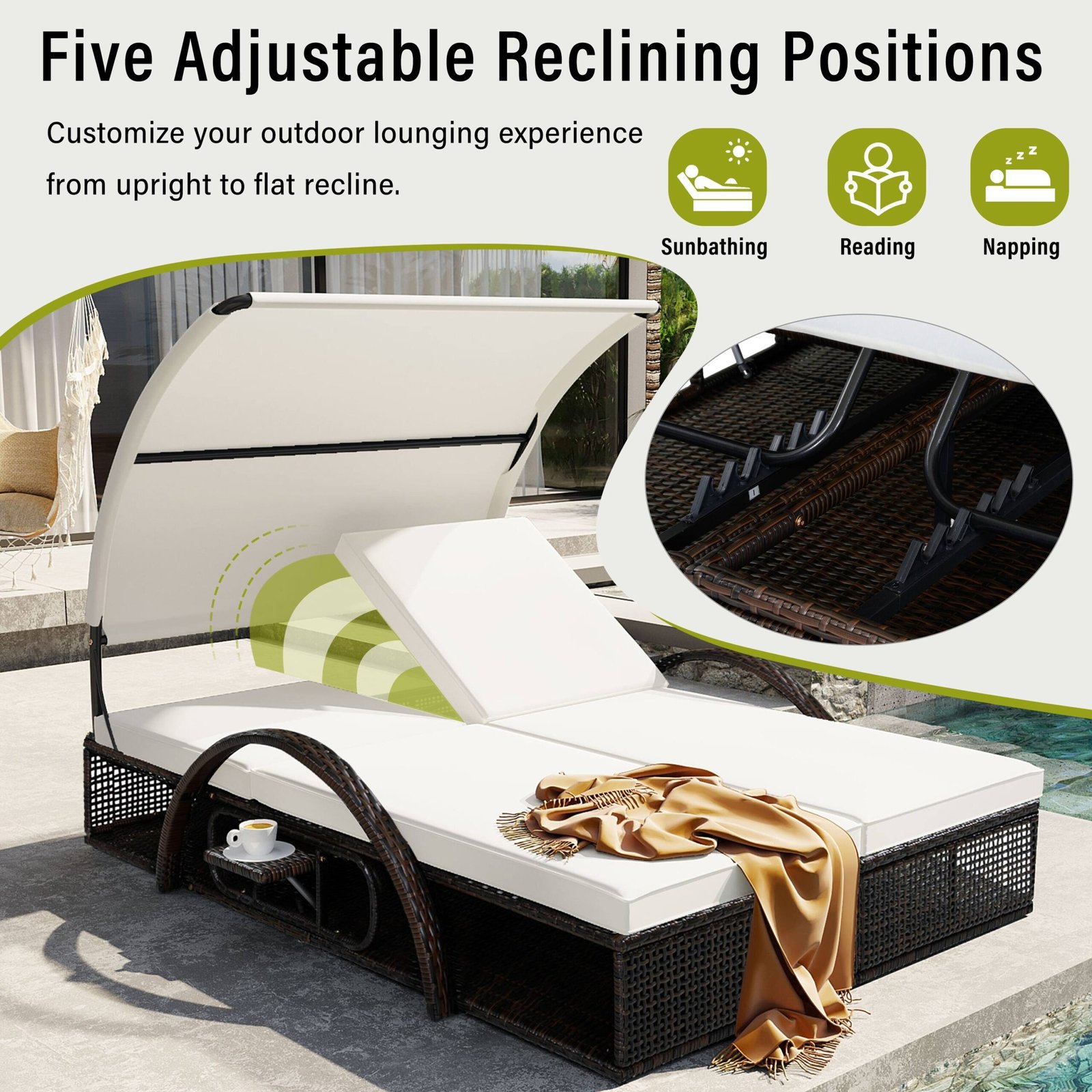 Double Outdoor Sun Lounger with Adjustable Backrest & Hidden Side Table by Leisure Zone - Image 10