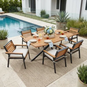 7-Piece Acacia Wood Patio Dining Set with X-Base Table & Cushioned Chairs by Leisure Zone