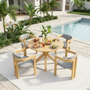 5-Piece Outdoor Acacia Dining Set with Round Slatted Table & Ergonomic Barrel Armchairs by Leisure Zone