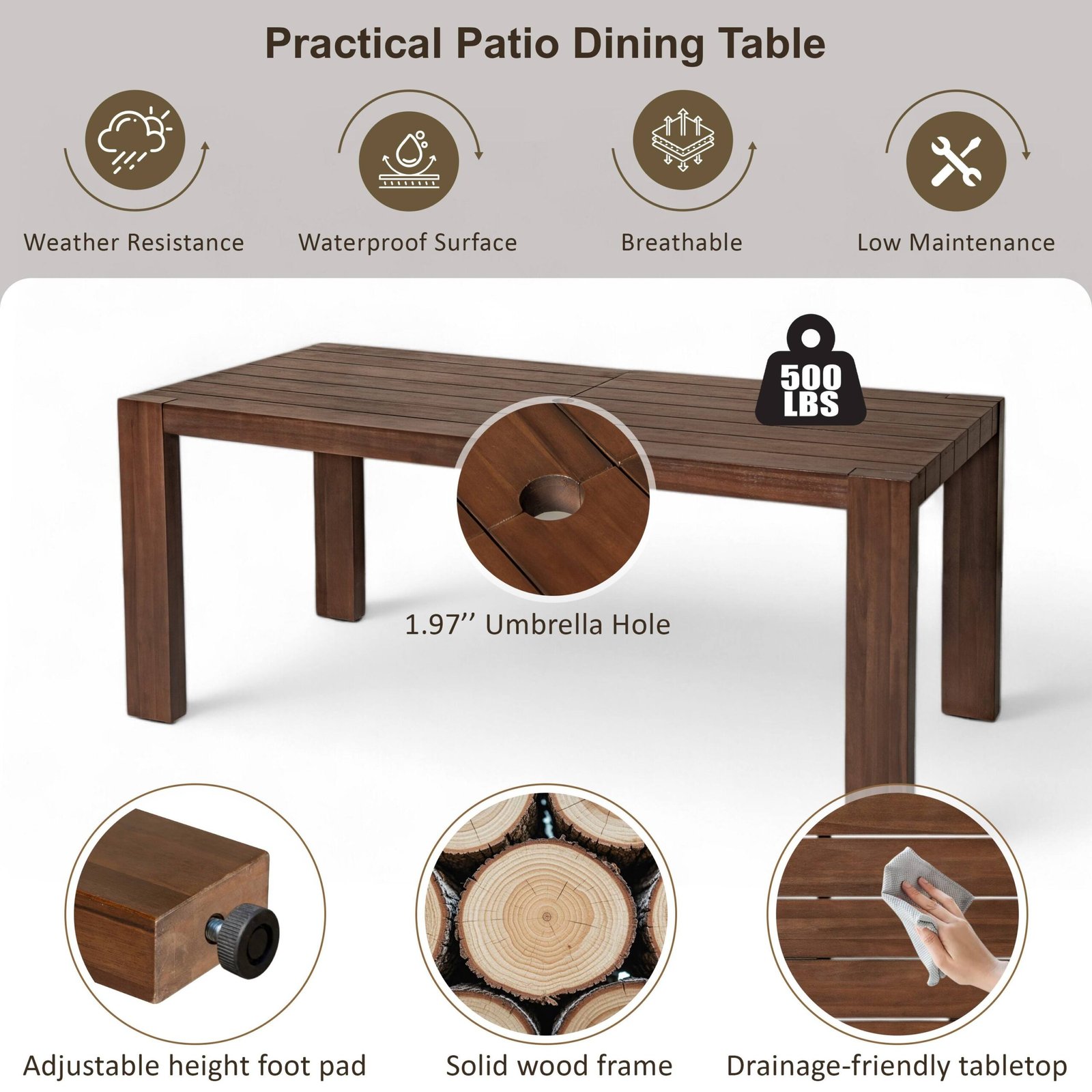 6-Person Patio Dining Set with Umbrella-Ready Table, Cushioned Bench & Four Armchairs by Leisure Zone - Image 23