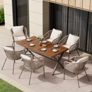 7-Piece Patio Dining Set with Acacia Wood Table and Ergonomically Designed Chairs by Leisure Zone