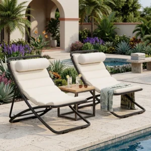 2-Piece Rattan-Wrapped Metal Frame Folding Outdoor Lounge Chair Set by Leisure Zone