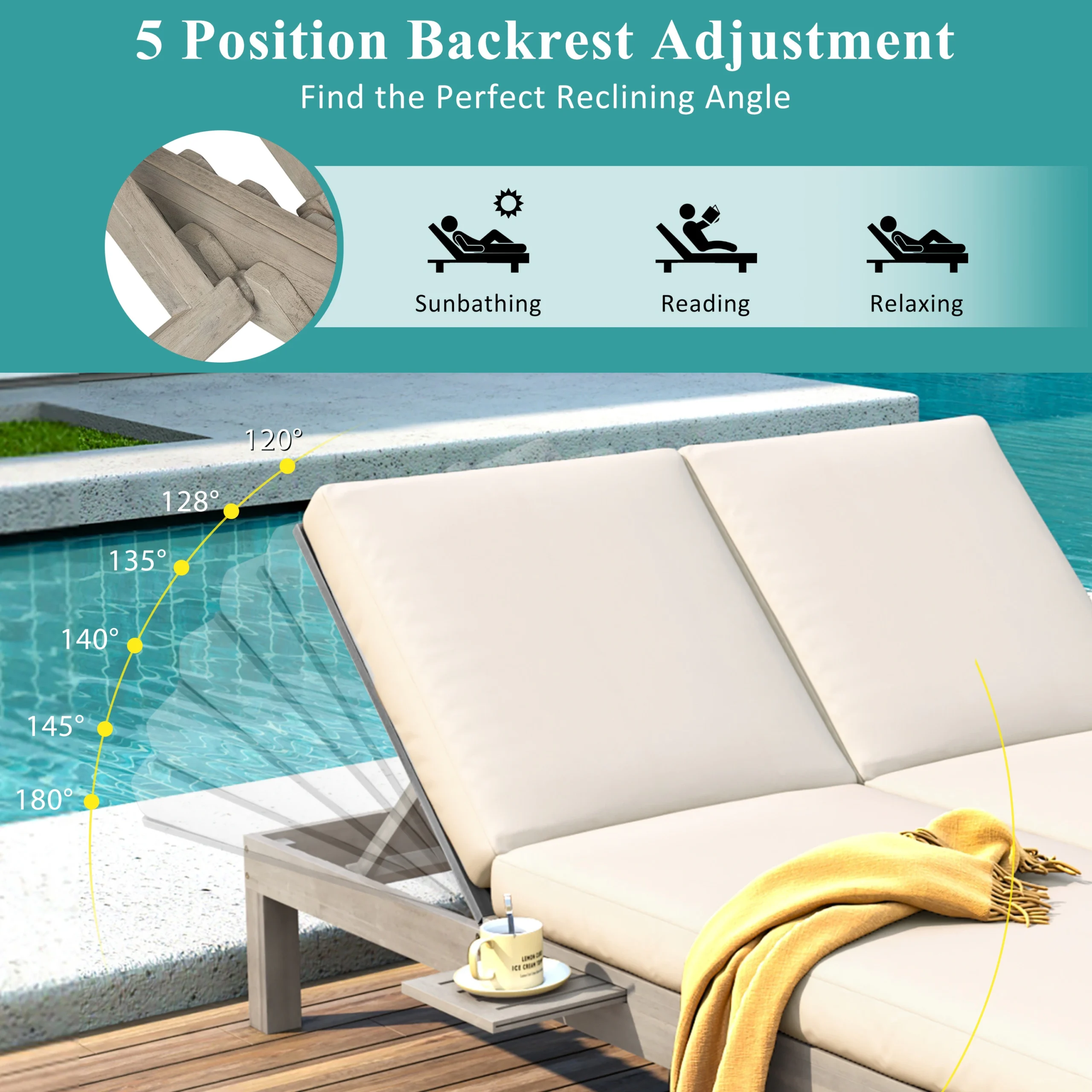Elegant 5-Position Adjustable Double Chaise Lounge with Side Table by Leisure Zone - Image 17