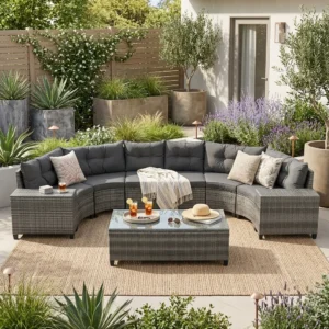8-Piece Outdoor Wicker Round Sofa Set with Tempered Glass Coffee Table by Leisure Zone