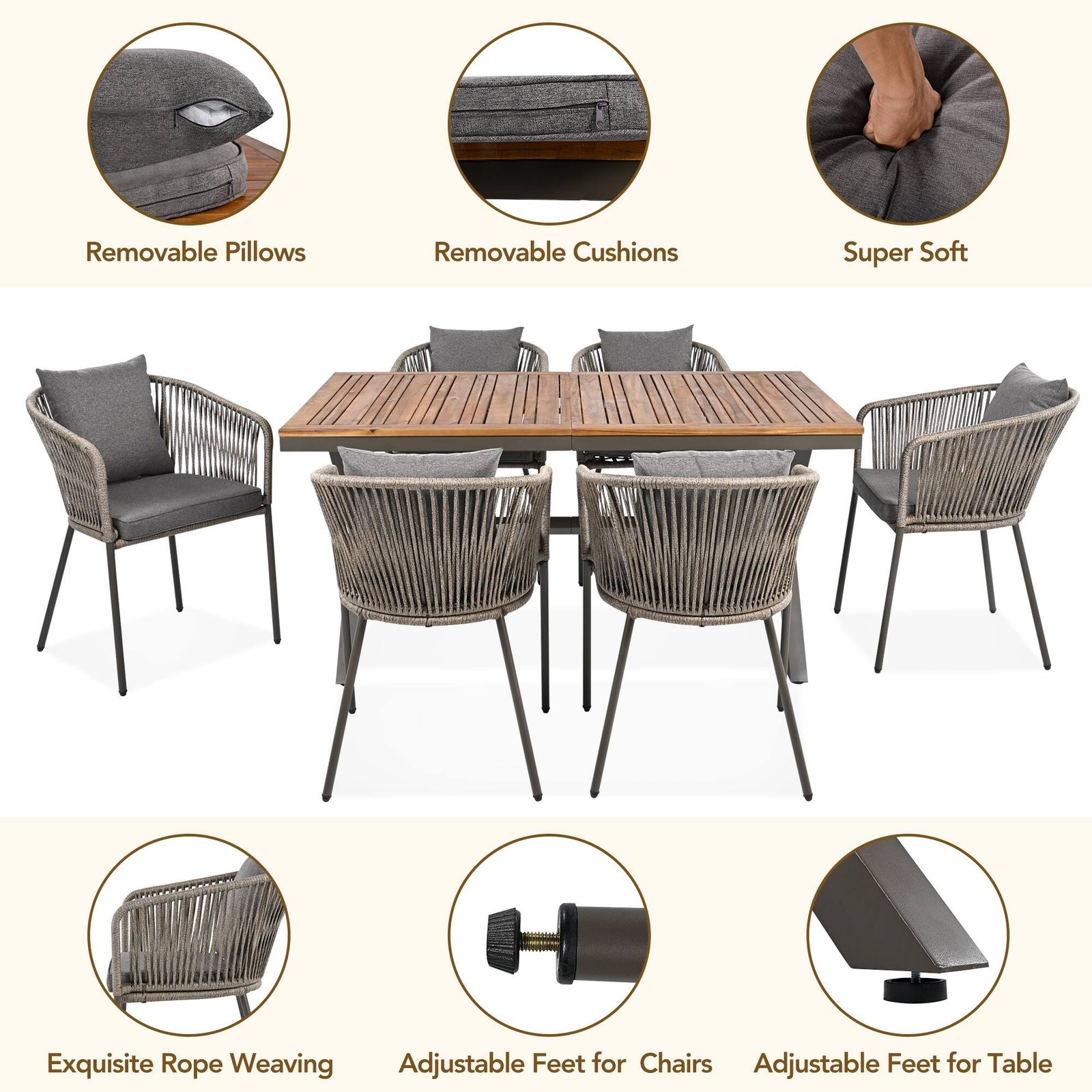 7-Piece Patio Dining Set with Acacia Wood Table and Ergonomically Designed Chairs by Leisure Zone - Image 17