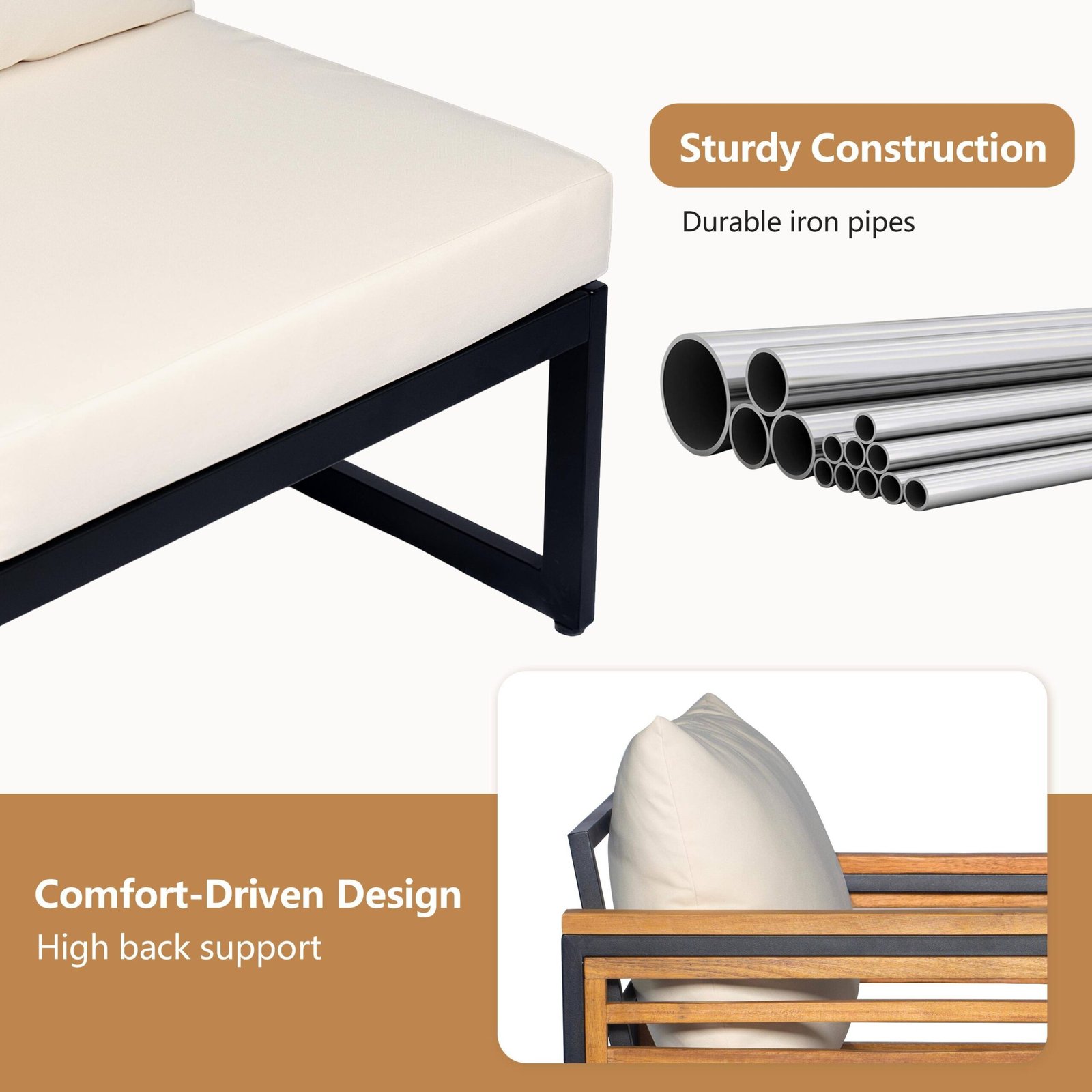 Acacia Wood & Metal Outdoor Sofa Set with High Back Cushions, Ottoman & Coffee Table by Leisure Zone - Image 9