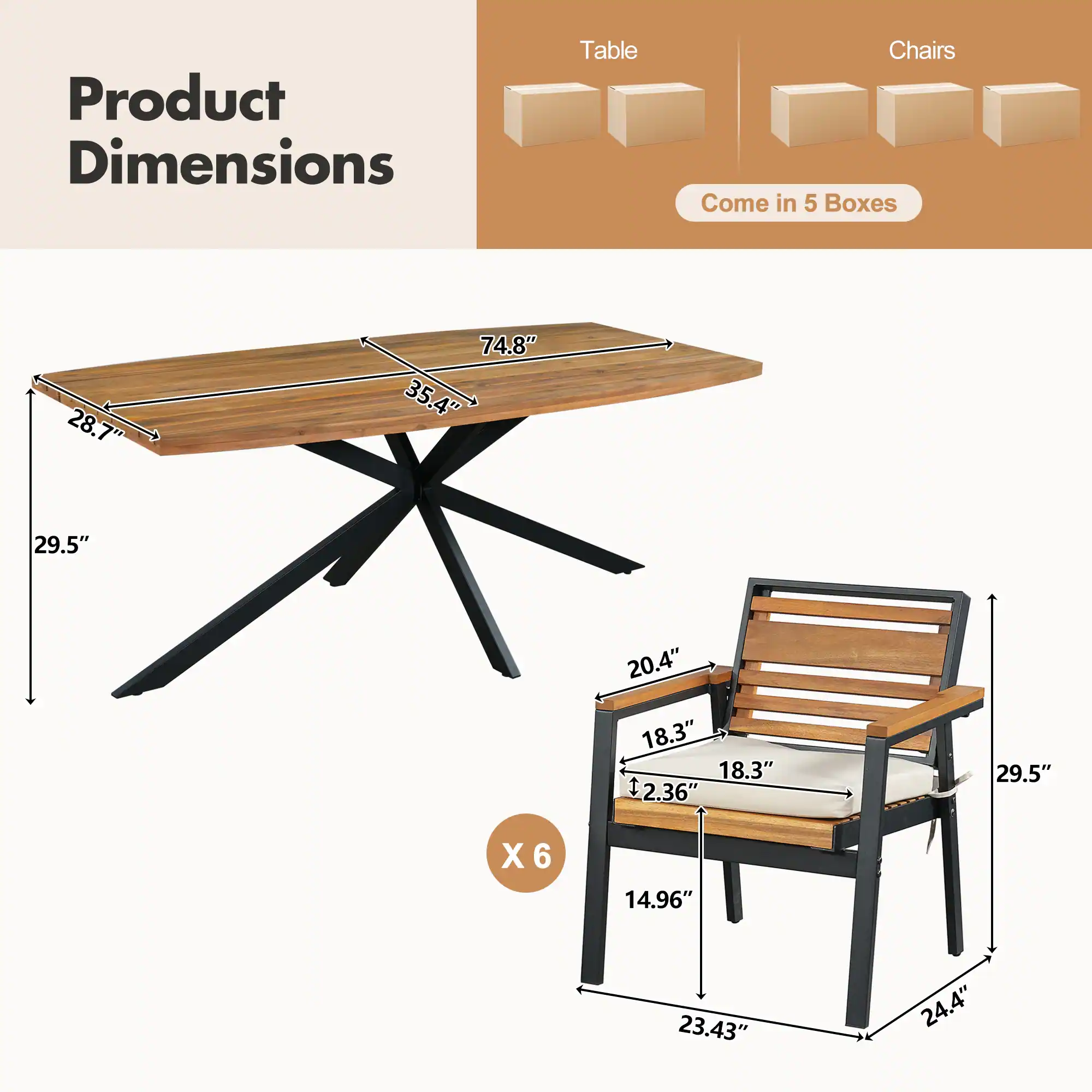 7-Piece Acacia Wood Patio Dining Set with X-Base Table & Cushioned Chairs by Leisure Zone - Image 12