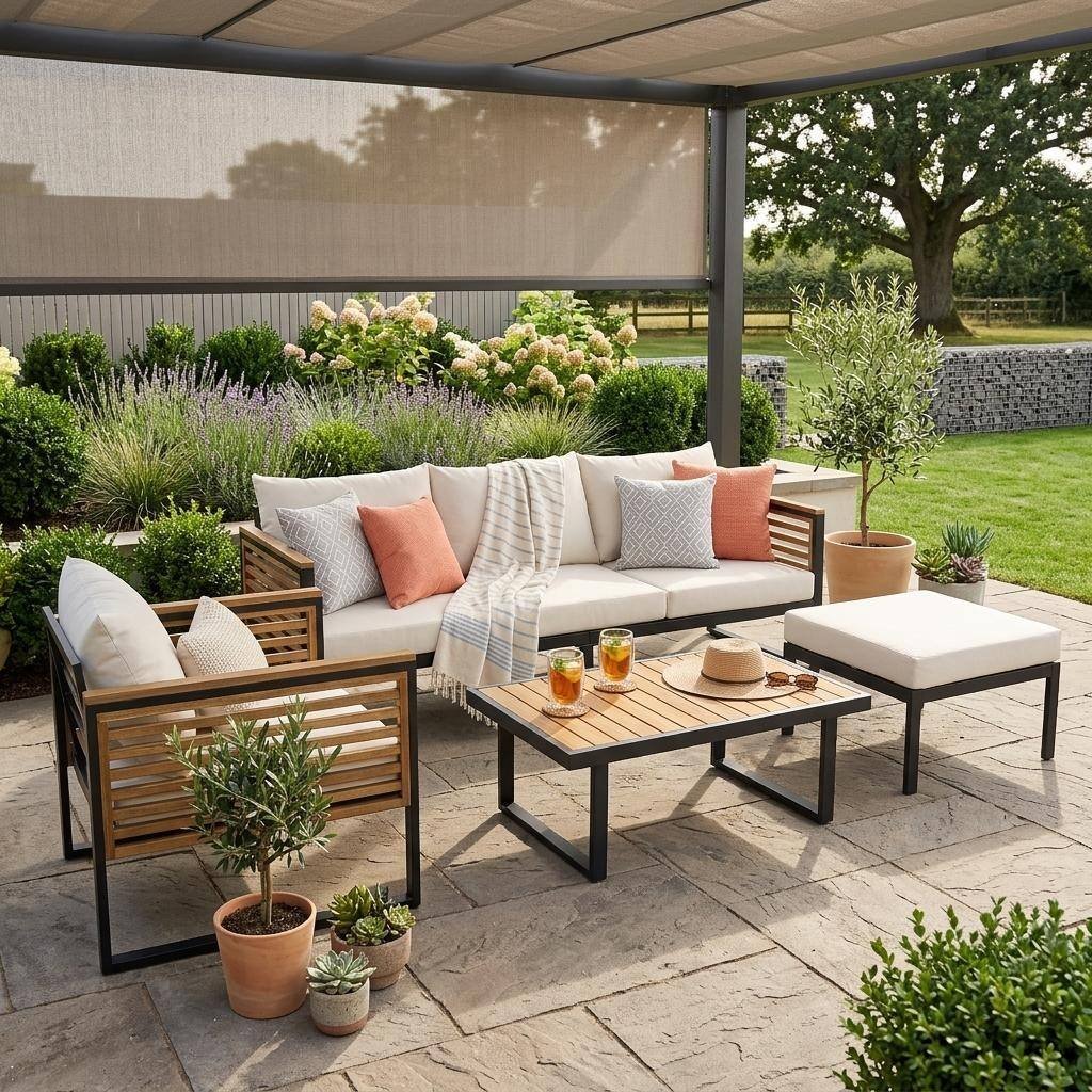 Acacia Wood & Metal Outdoor Sofa Set with High Back Cushions, Ottoman & Coffee Table by Leisure Zone - Image 20