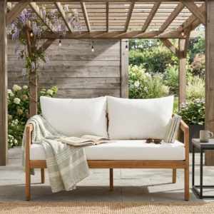 Acacia Wood Patio Loveseat Sofa with Thick Cushions by Leisure Zone