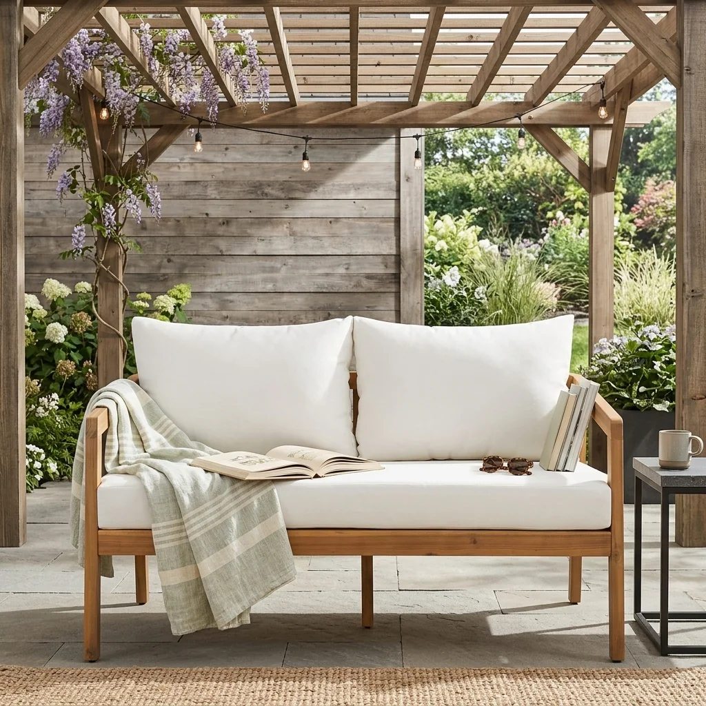 Acacia Wood Patio Loveseat Sofa with Thick Cushions by Leisure Zone